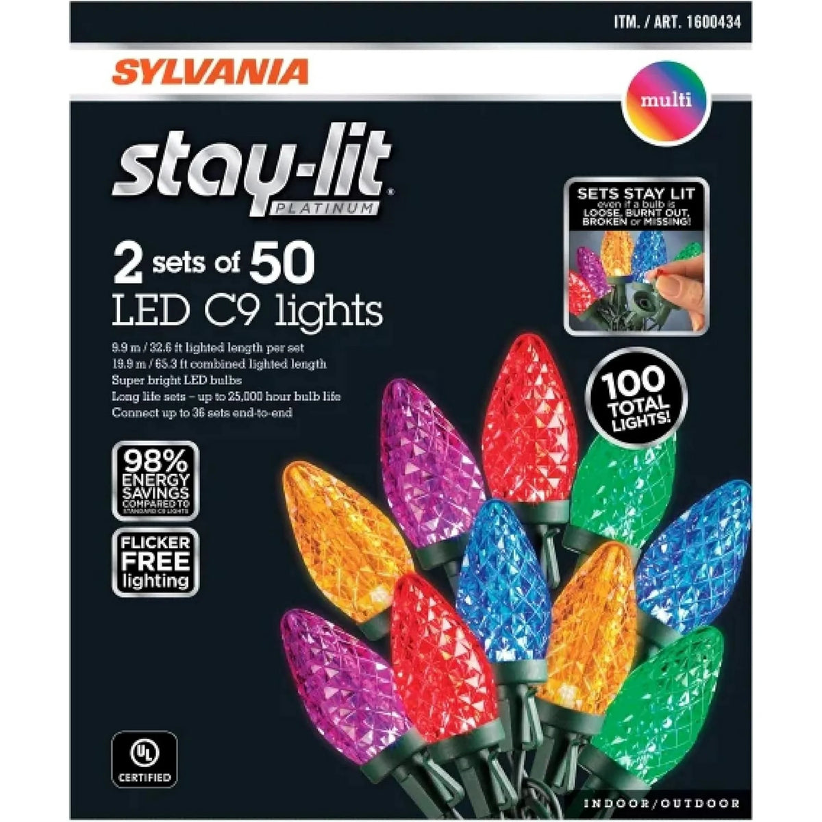 Sylvania Stay-Lit C9 Faceted LED Christmas Lights - Multicolor, 2 x 50-Count