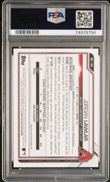 2021 Bowman Draft 1st Edition Jordan Lawlar #BD-194 PSA 10 Diamondbacks
