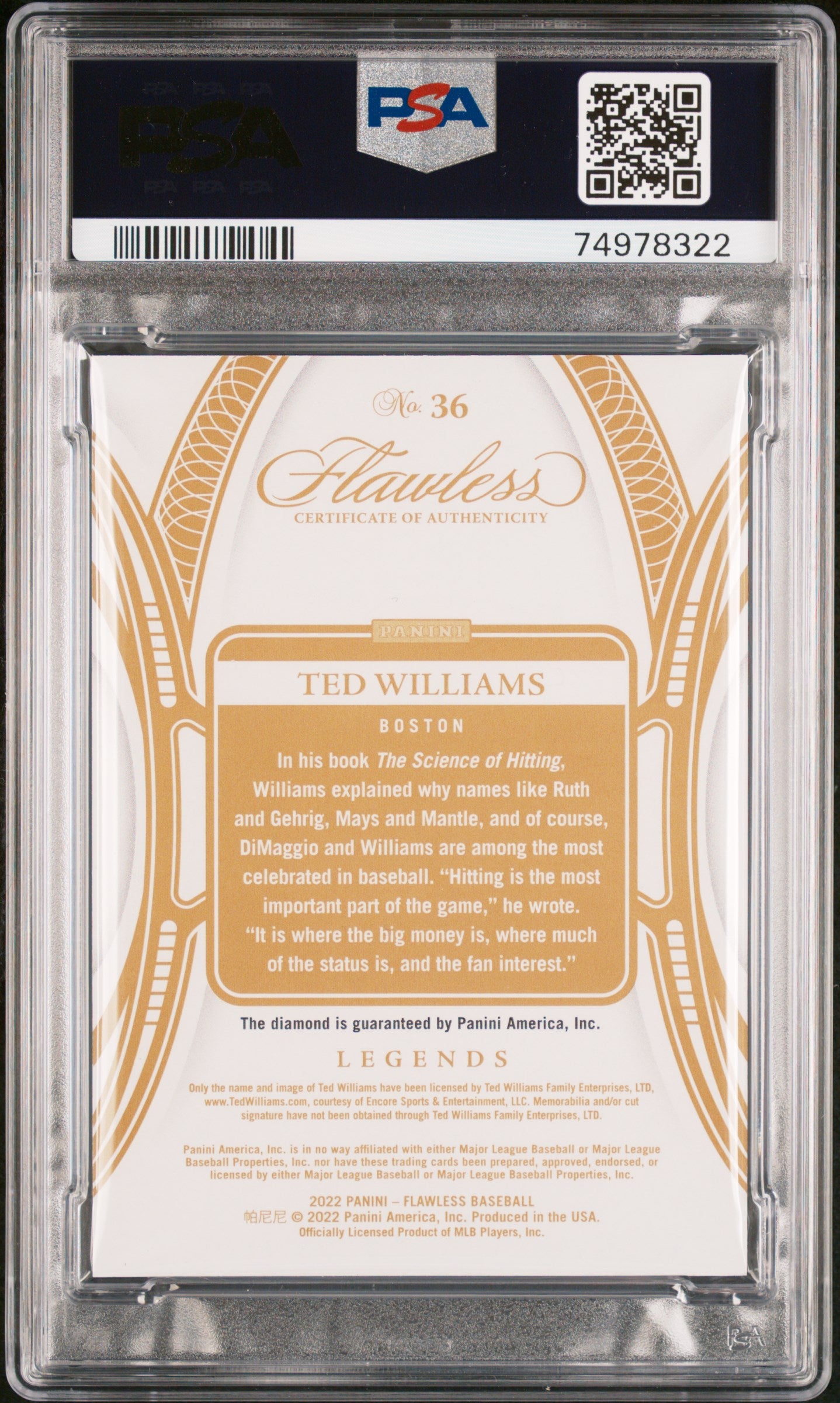 2022 Flawless Ted Williams Yellow Diamond 2/10 #36 PSA 10 GEM Mint POP 1