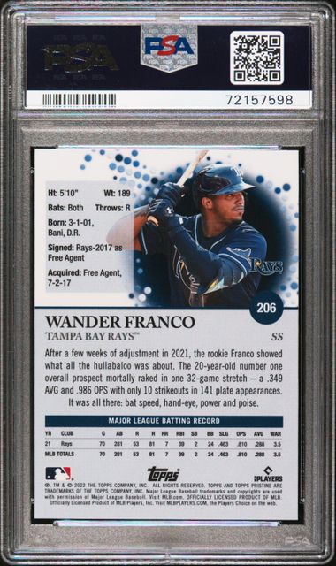 Wander Franco 2022 Topps Pristine Rookie Refractor #206 PSA 10 Gem Mint RC SP