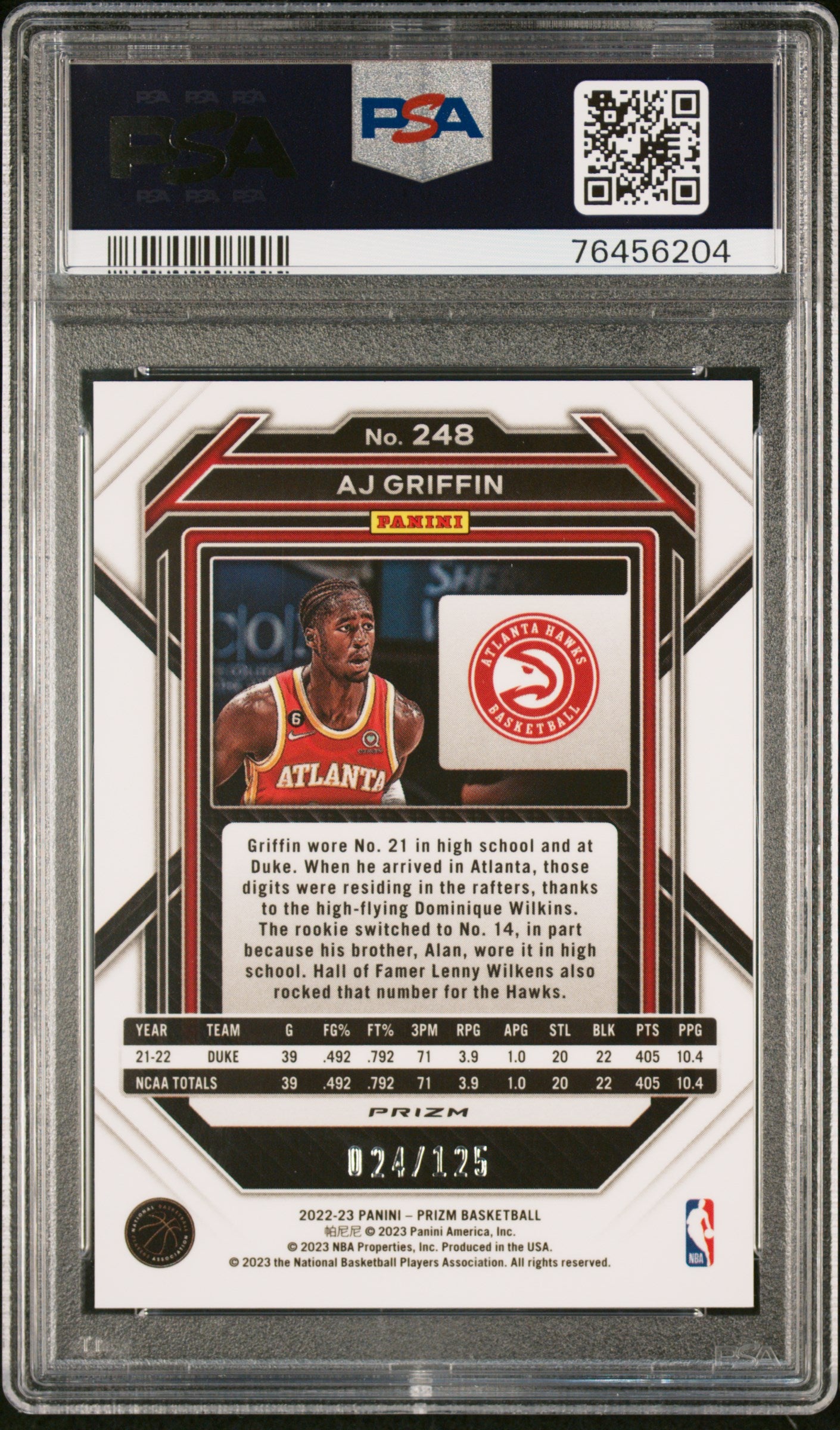 2022-23 Prizm #248 AJ Griffin Rookie Blue Ice Prizms RC 024/125 PSA 9 MINT