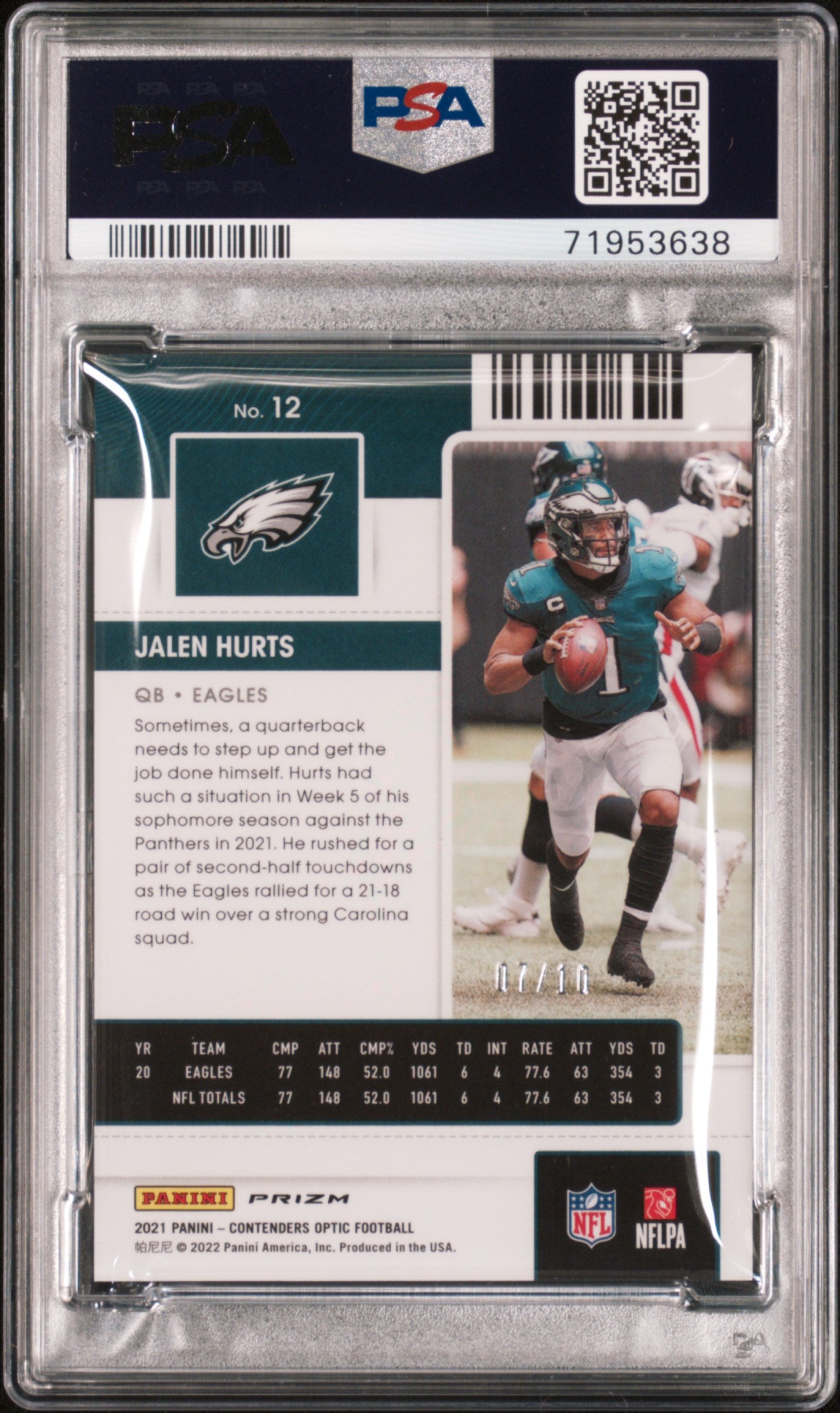 2021 Contenders Optic GOLD SEASON TICKET #12 JALEN HURTS /10 PSA 10 GEM MINT POP 3