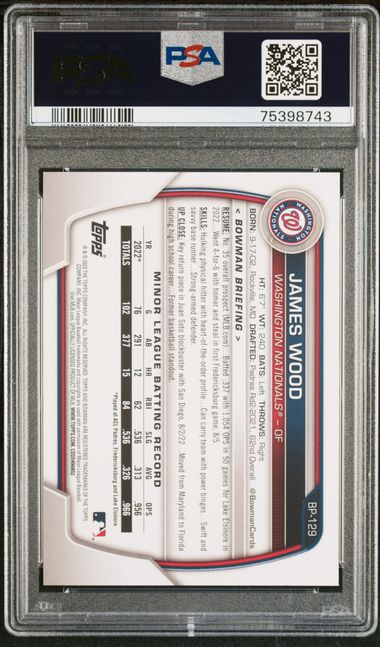 2023 Bowman #BP-129 James Wood Sky Blue 412/499 PSA 10 GEM Mint