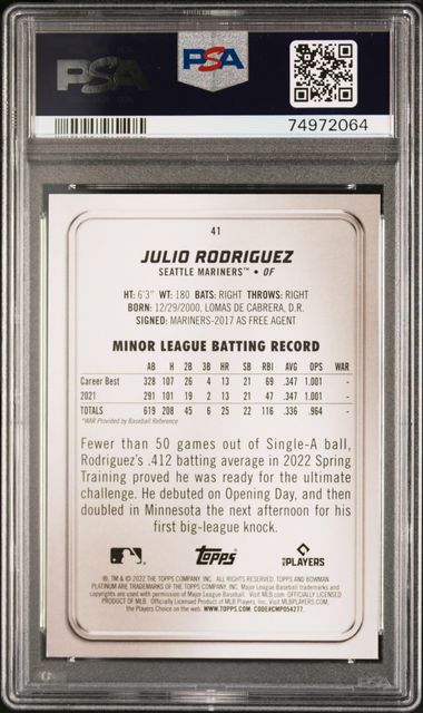 2022 Bowman Platinum Ice Foilboard #41 Julio Rodriguez Rookie PSA 9