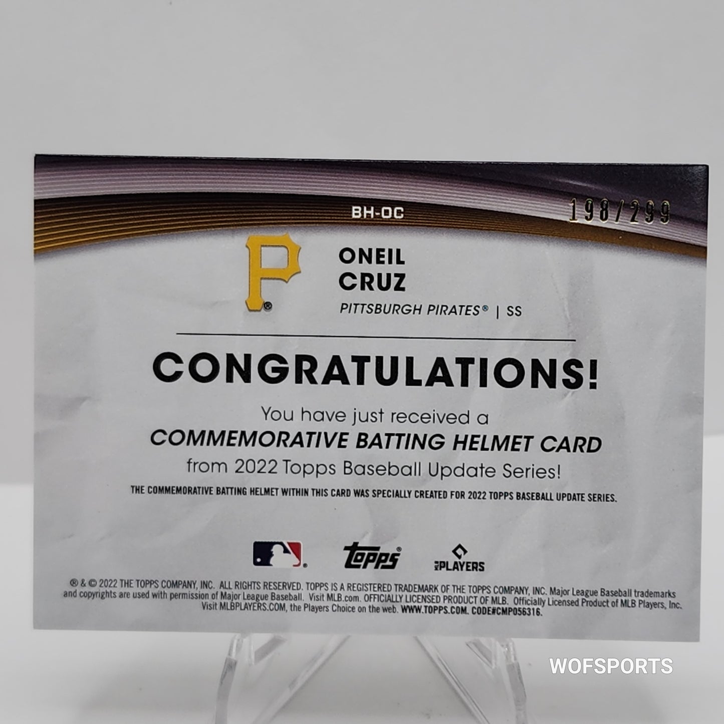 2022 Topps Update Commemorative Batting Helmet 198/299 Oneil Cruz #BH-OC Pittsburgh Pirates
