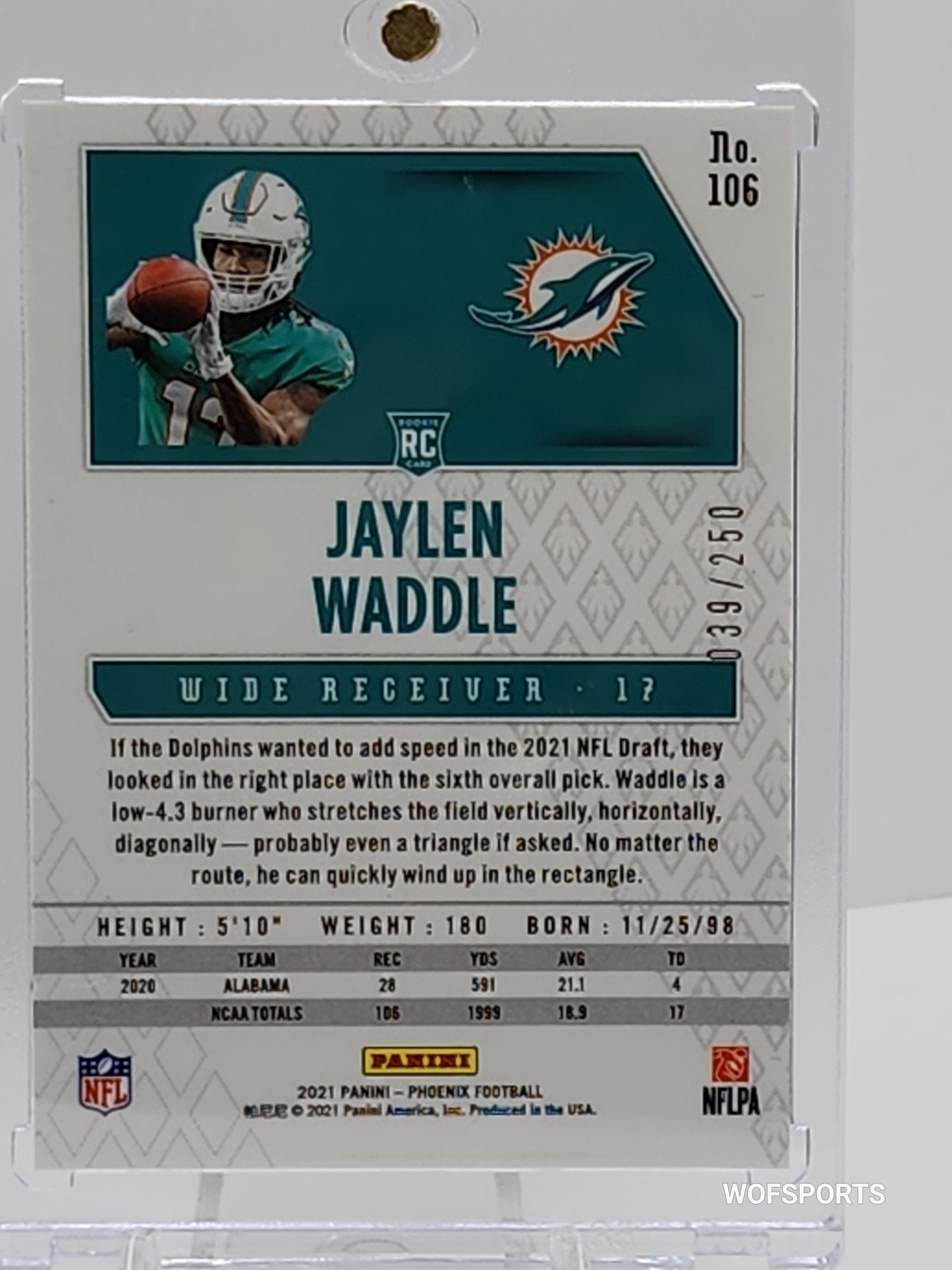 2020 Panini Phoenix Fire Burst 39/250 Jaylen Waddle Rookie #106 Miami Dolphins