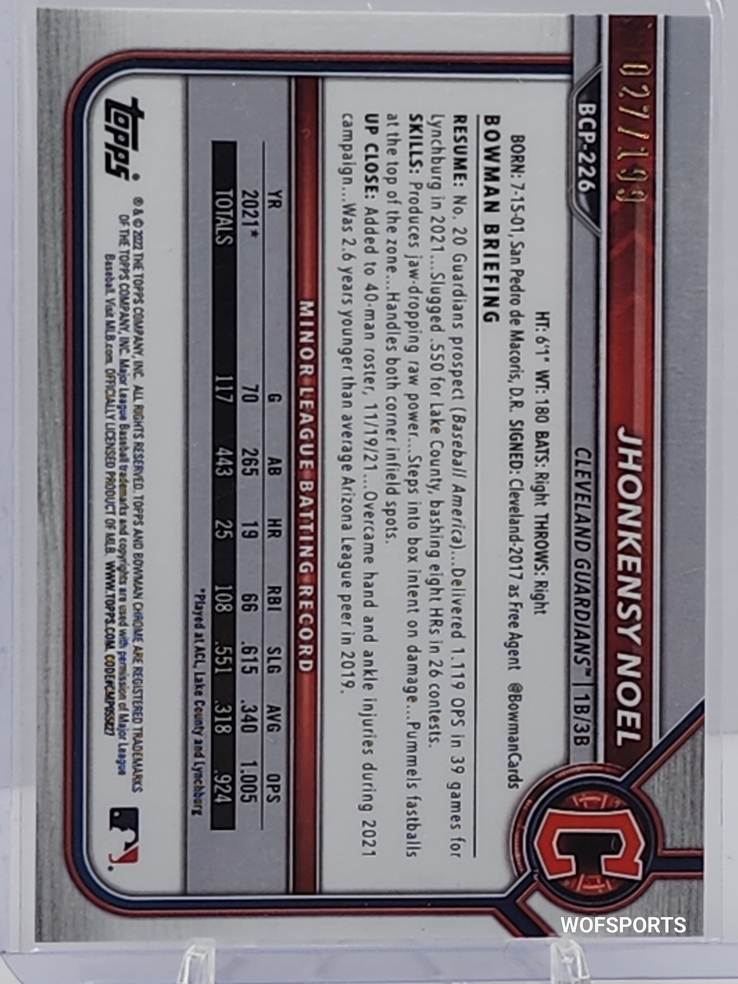 2022 Bowman Chrome Pink Shimmer Refractor /199 Jhonkensy Noel #BCP-226 Guardians