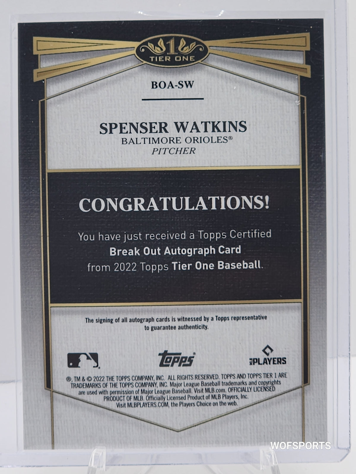 2022 Topps Certified Rookie Auto 104/299 Spenser Watkins #BOA-SW Baltimore Orioles