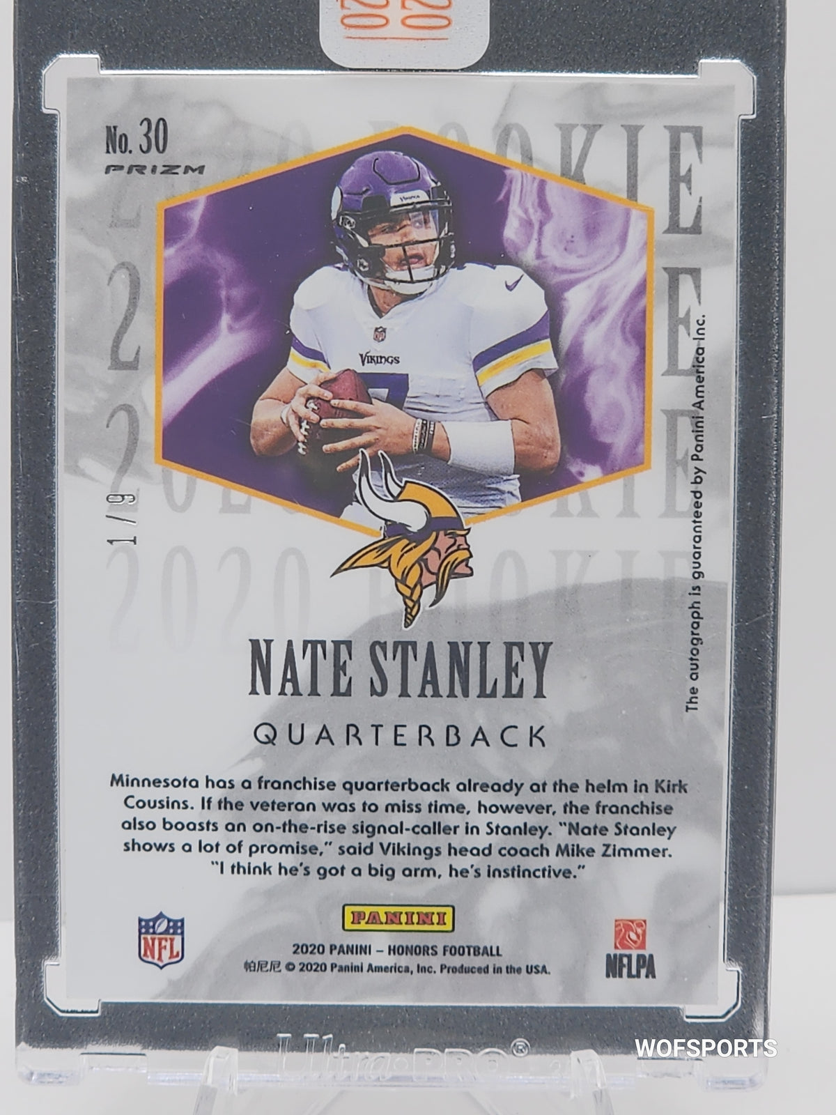 2020 Panini Honors 2004 Rookies Autograph Fotl Purple 1/9 Nate Stanley Auto Rookie #30