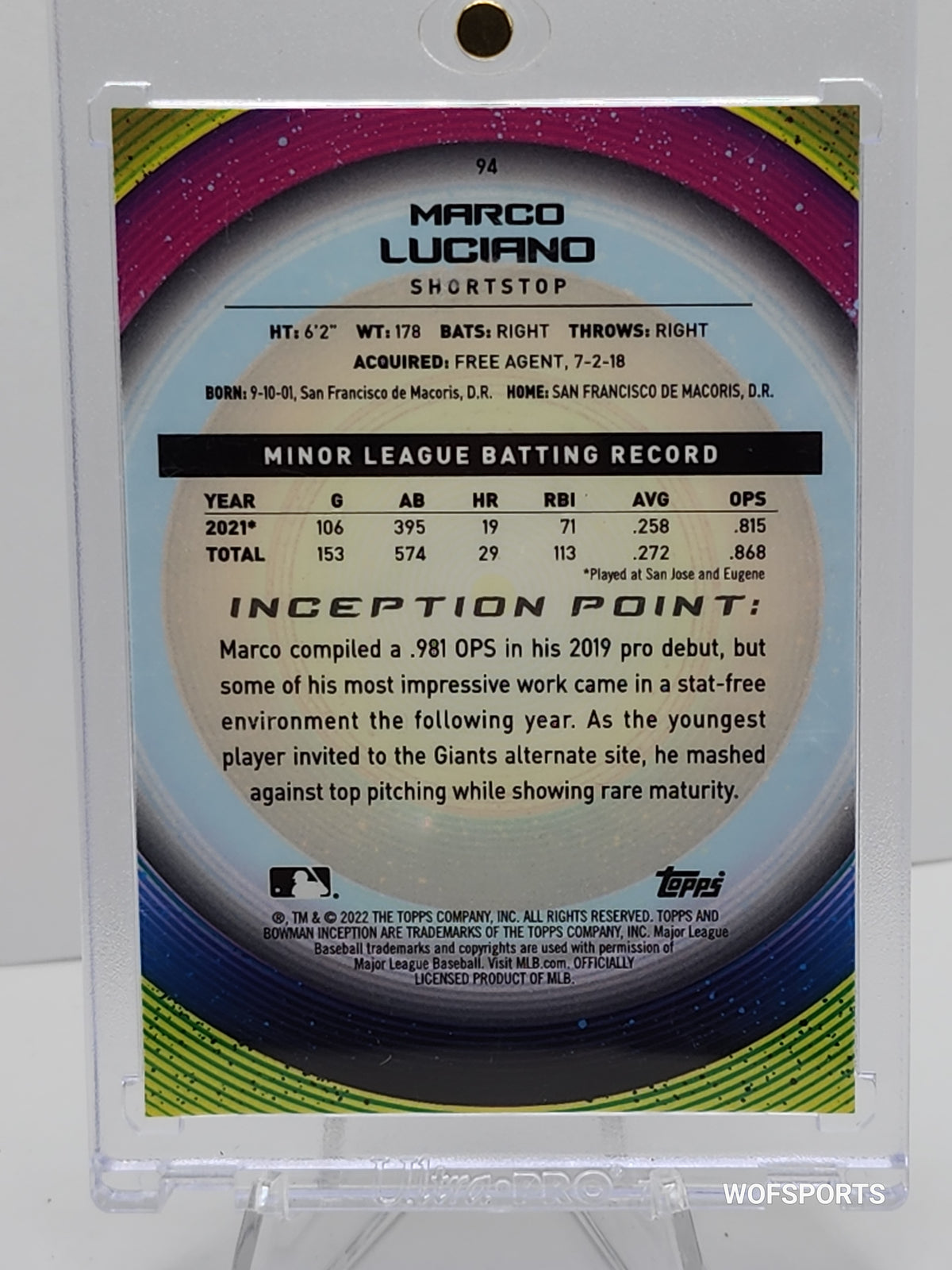 2022 Bowman Inception Blue 16/99 Marco Luciano #94 San Francisco Giants