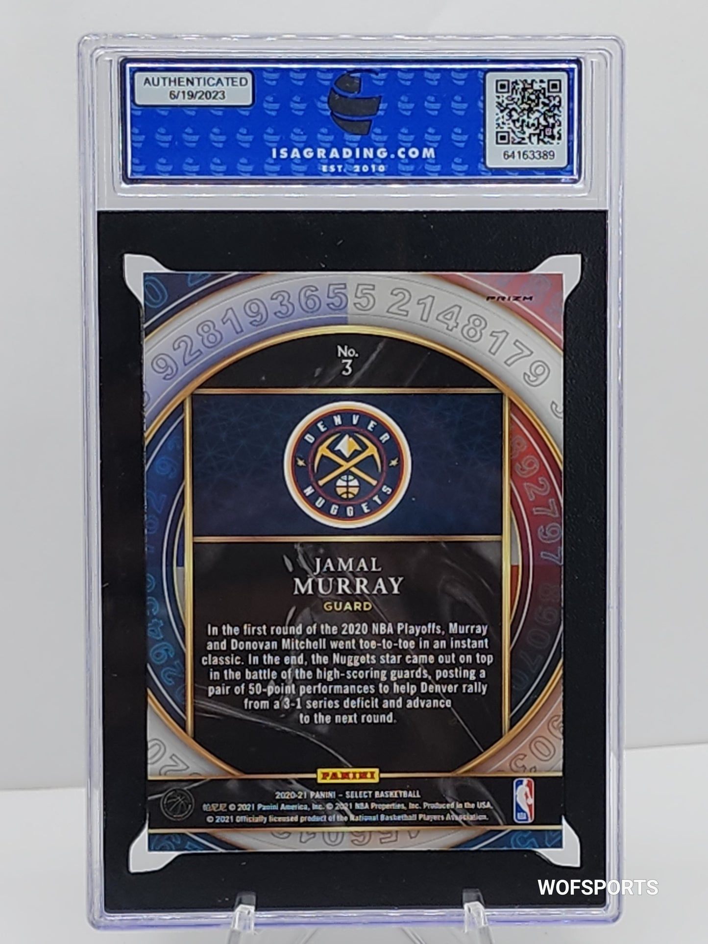 2020-21 Panini Select Numbers Blue Shimmer Prizm #3 Jamal Murray - Nuggets ISA 9 Mint