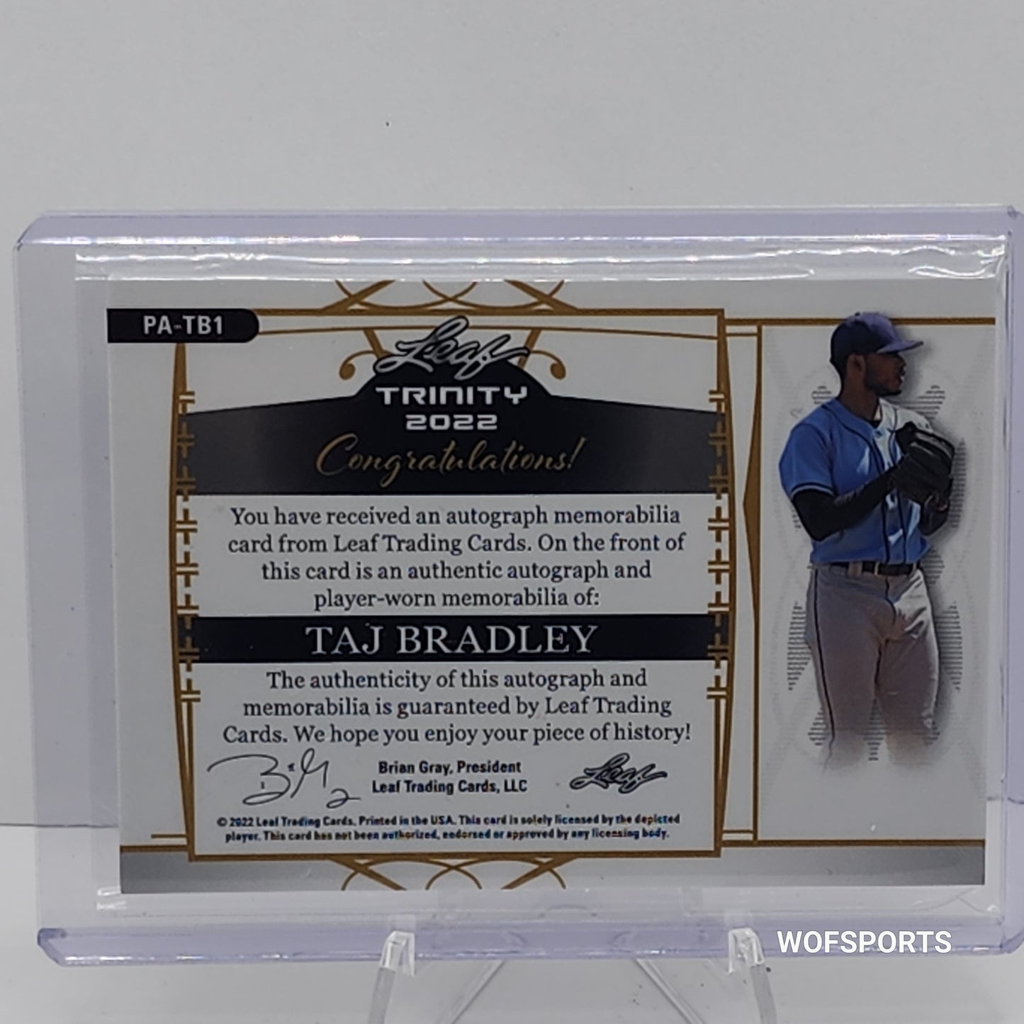 2022 Leaf Trinity Memorabilia Auto Relic /99 Taj Bradley #PA-TB1 Tampa Bay Rays