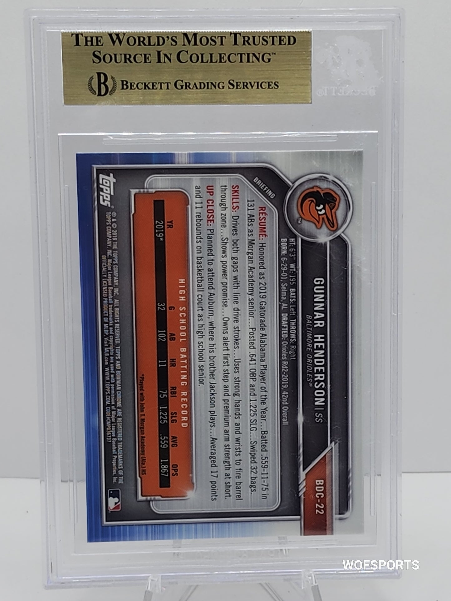 2019 Bowman Gunnar Henderson 1st Bowman #BD-22 Baltimore Orioles BGS 9.5 Gem Mint