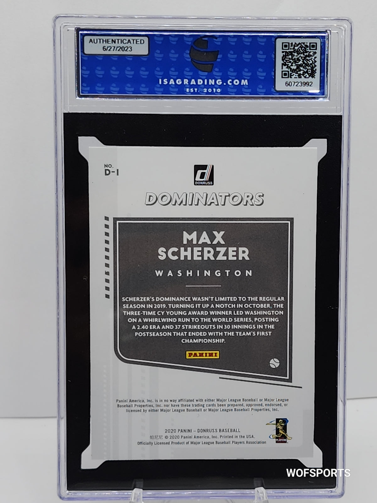 2020 Panini Donruss 104/349 Max Scherzer Dominators SILVER #D-1 Washington ISA 10 GEM Mint