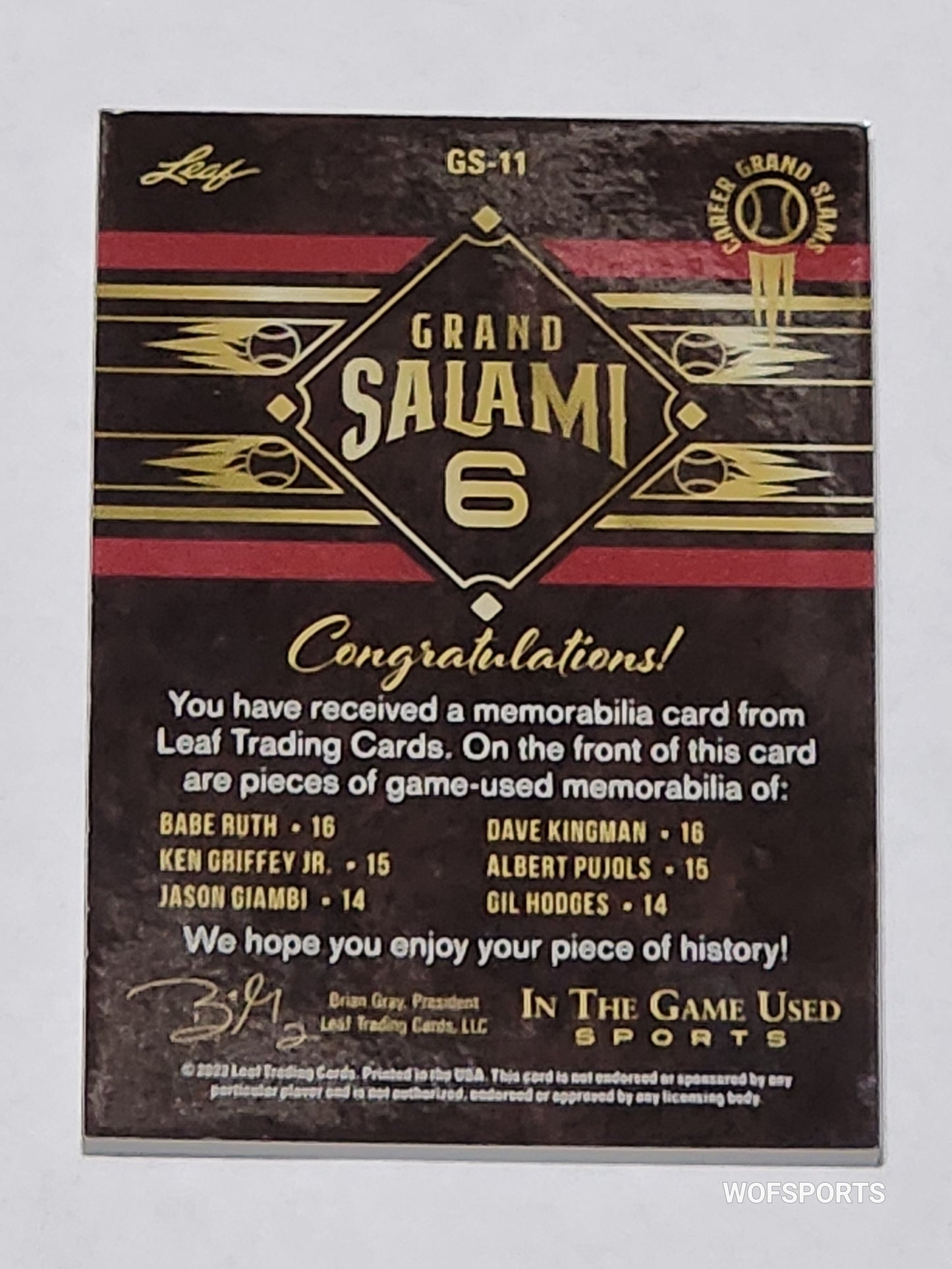 2022 Leaf In The Game Used Sports Grand Salami B Ruth / D Kingman / K Griffey Jr. / A Pujols / J Giambi / G Hodges #GS-11 #/25