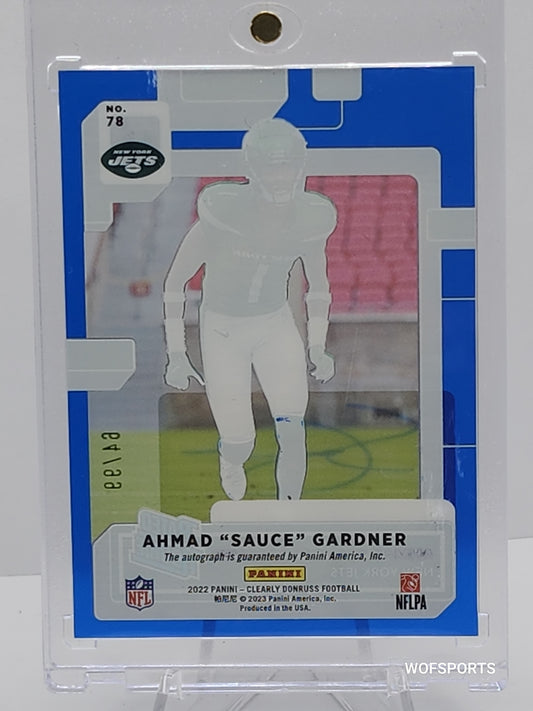 2022 Donruss Clearly Ahmad Sauce Gardner Rated Rookie Auto Blue 64/99 Jets SSP