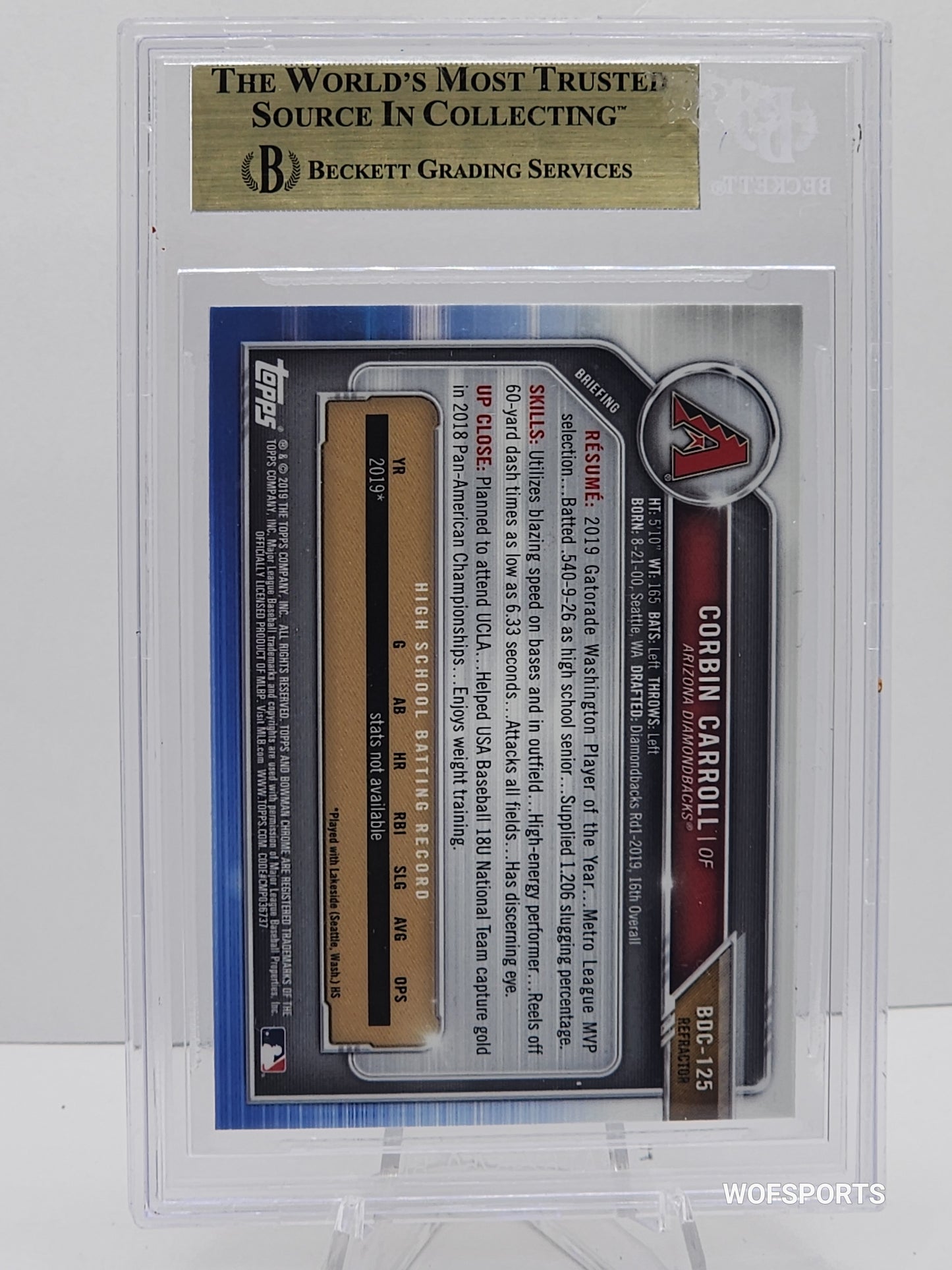 2019 Bowman Chrome Draft Refractors Corbin Carroll Rookie #BDC-125 Diamondbacks Becket 9.5 Gem Mint