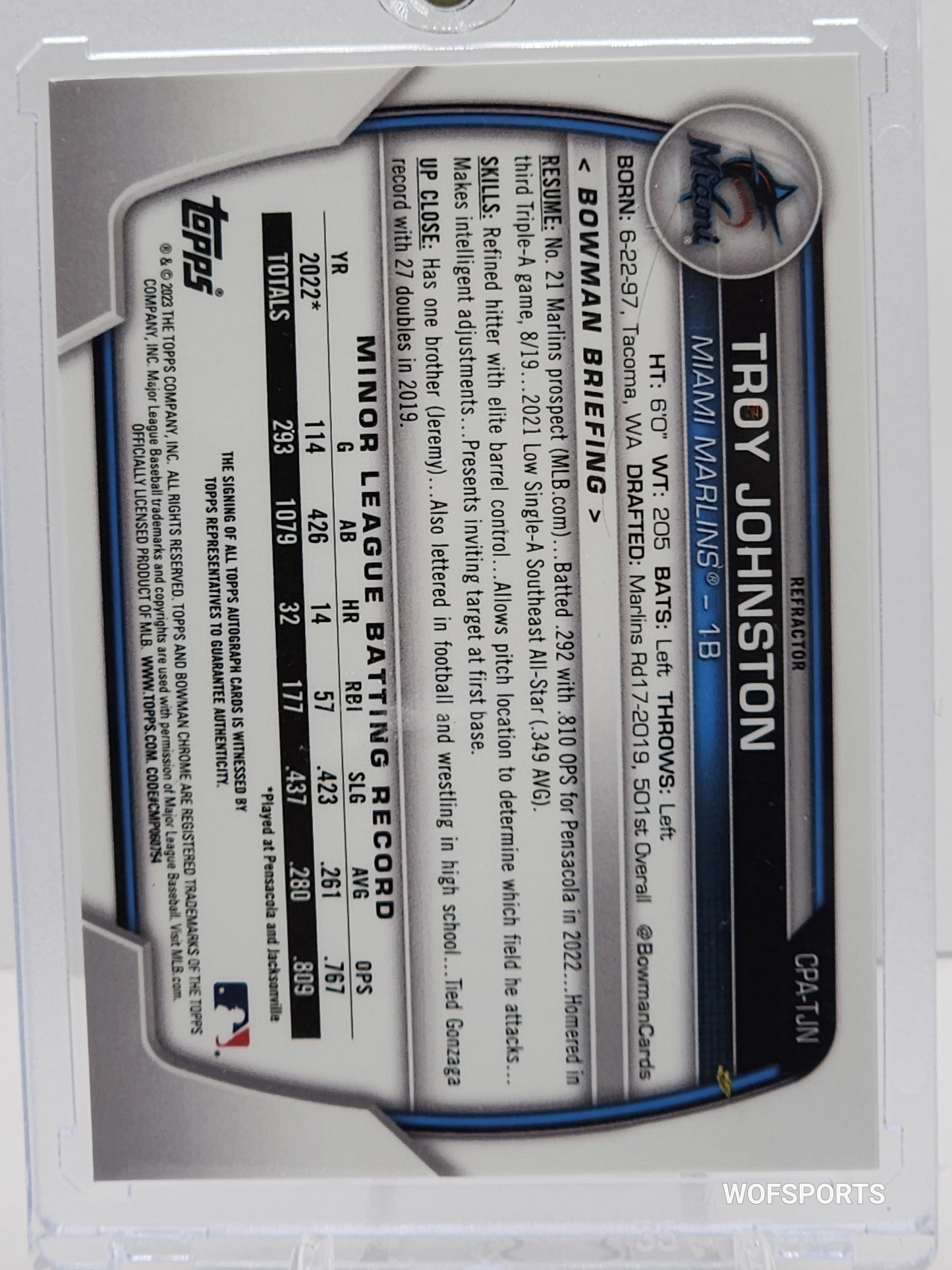 Troy Johnston 2023 Bowman Chrome 1st Auto Refractor /499 #CPA-TJN Marlins