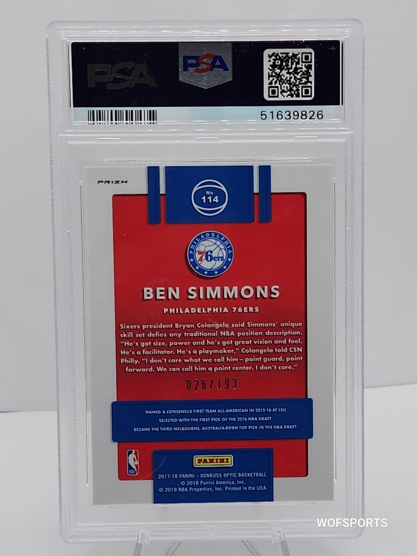 2017-18 Panini Donruss Optic Fast Break Orange Ben Simmons #114 PSA 9 Mint