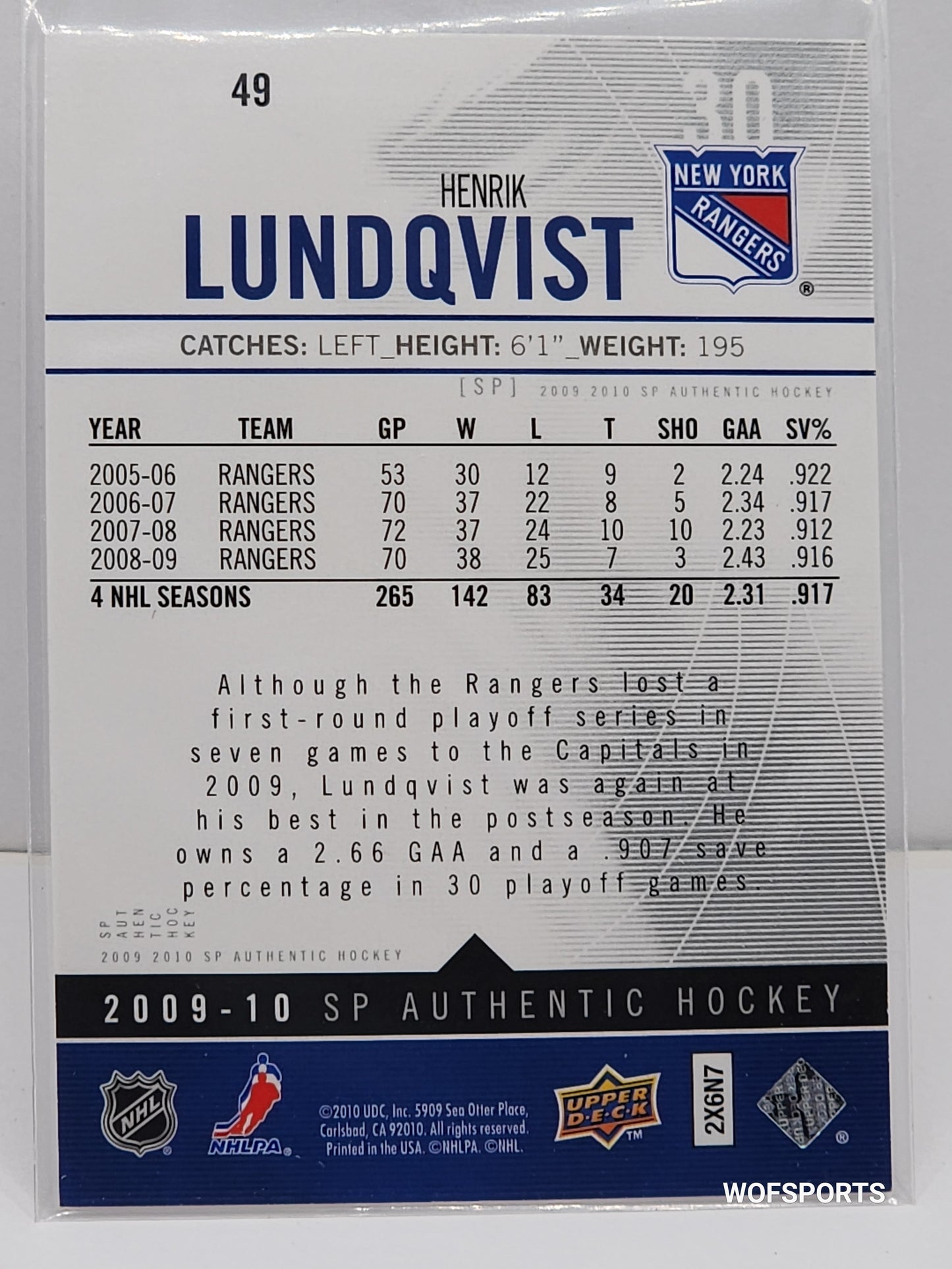 2009-10 SP Authentic Henrik Lundqvist #49 HOF