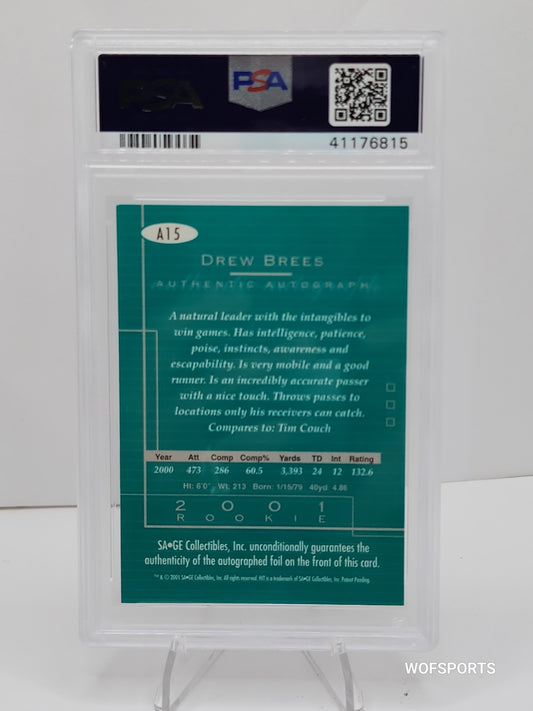 2001 SA-GE Hit Drew Brees Rookie Autographs #A15 New Orleans Saints PSA 9 Mint