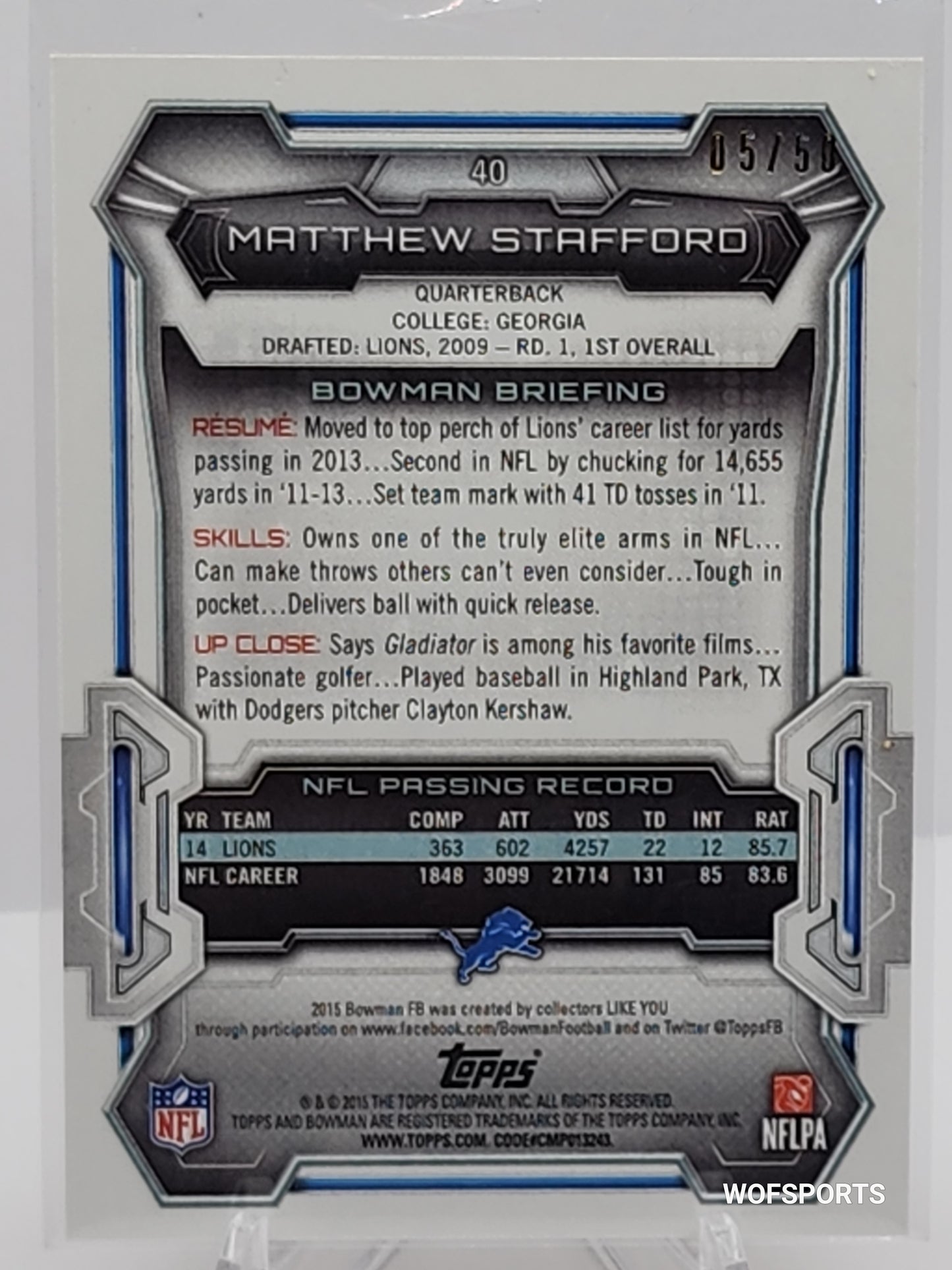 2015 Topps Bowman Orange #40 Matthew Stafford 5/50 - Detroit Lions