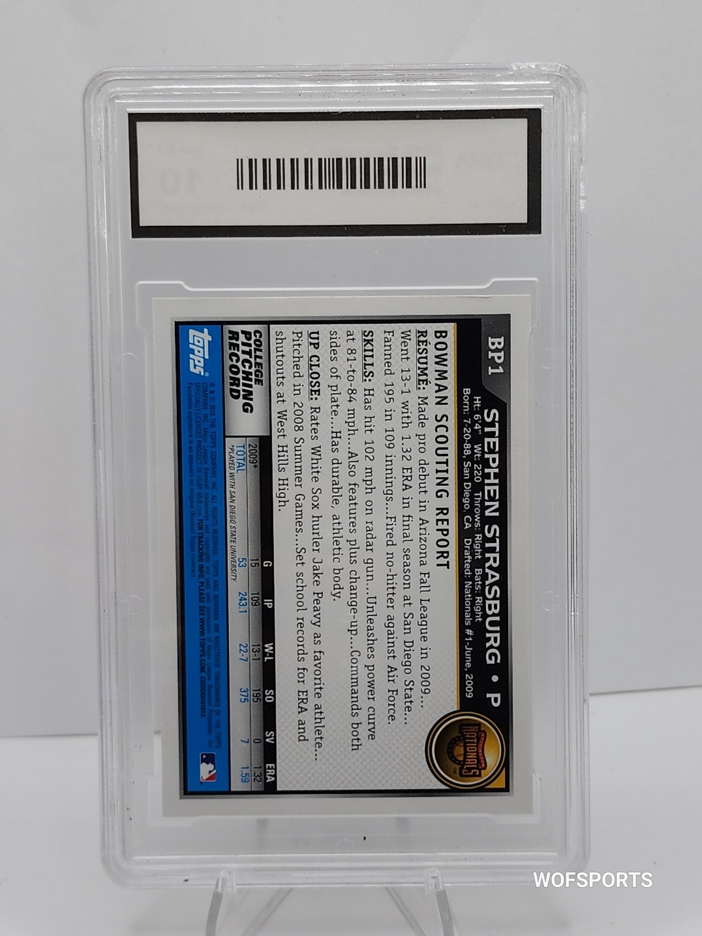 2010 Topps Bowman 1st Stephen Strasburg Rookie #BP1 Washington Nationals GMA 10 GEM Mint