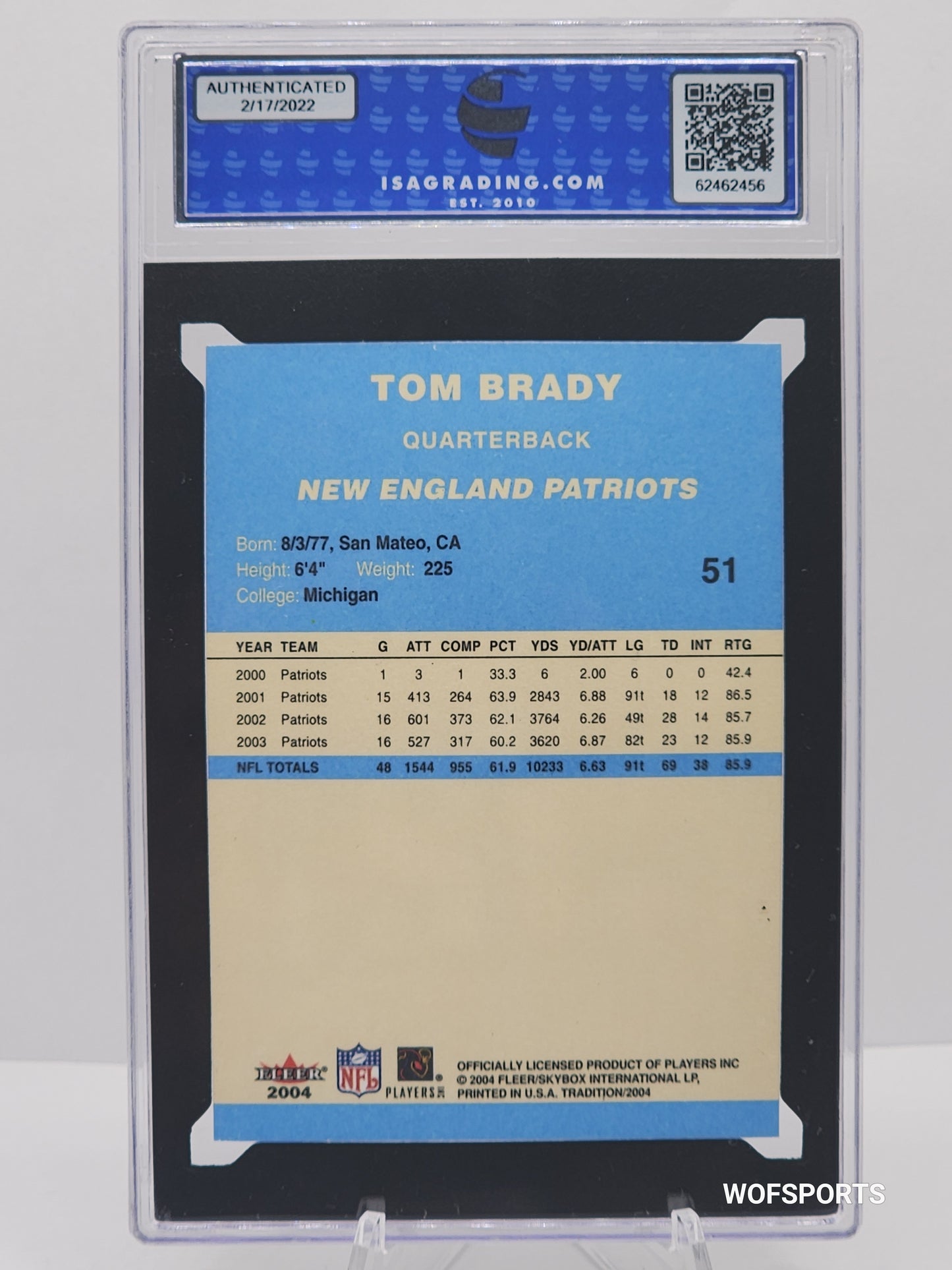 2004 Fleer Tradition Blue Tom Brady #51 New England Patriots ISA 9 Mint