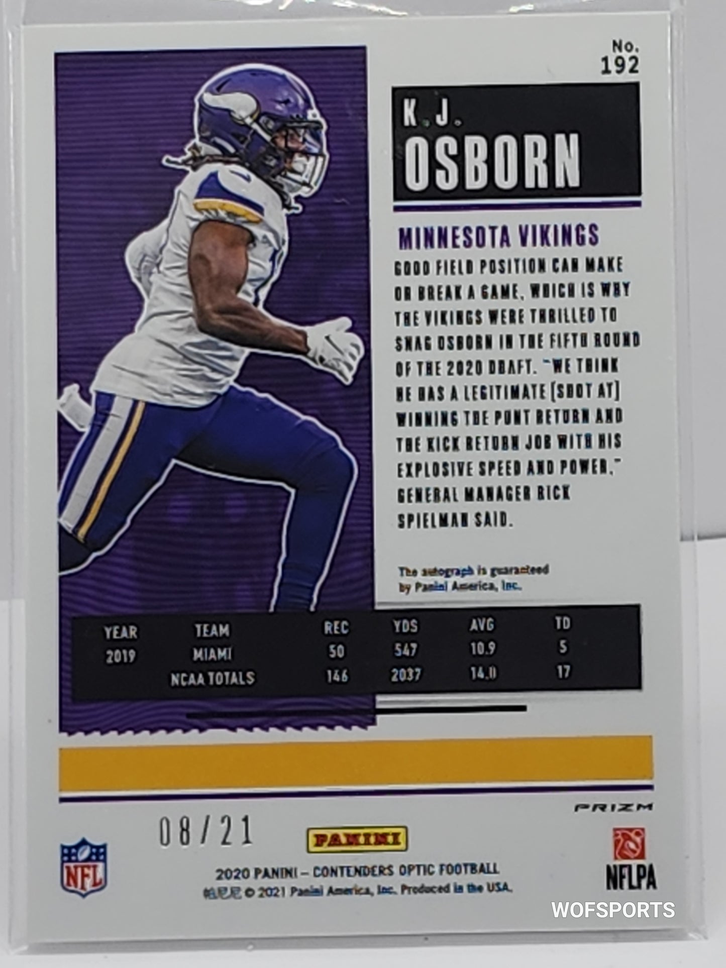 2020 Panini Contenders Optic Ticket Purple Pulsar 8/21 K.J. Osborn #192 Rookie Auto RC