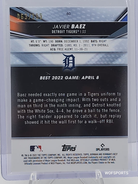 2022 Bowman's Best Aqua Lava 63/199 Javier Baez #60 Detroit Tigers