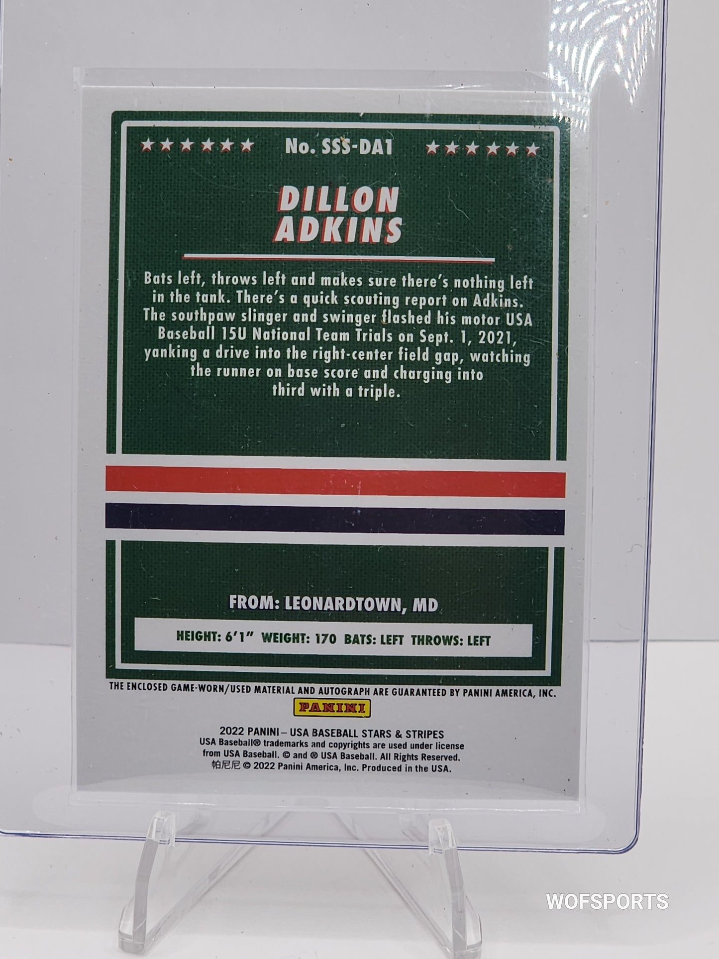 2022 Panini USA Baseball Stars & Stripes Relic Auto 198/199 Dillon Adkins #SSS-DA1