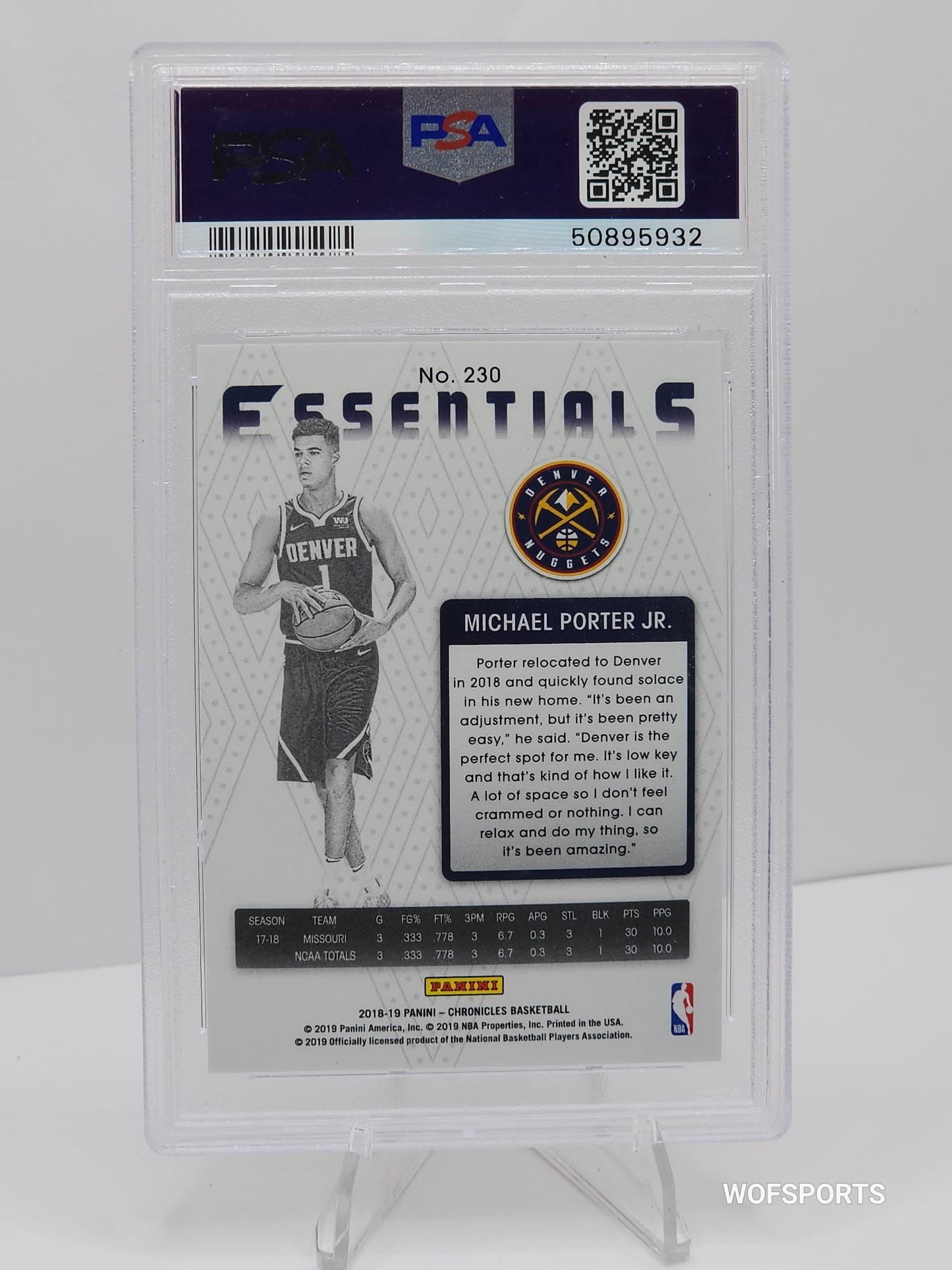 2018-19 Panini Chronicles Essentials Red #230 Michael Porter Jr Rookie 2/149 Nuggets PSA 9 Mint