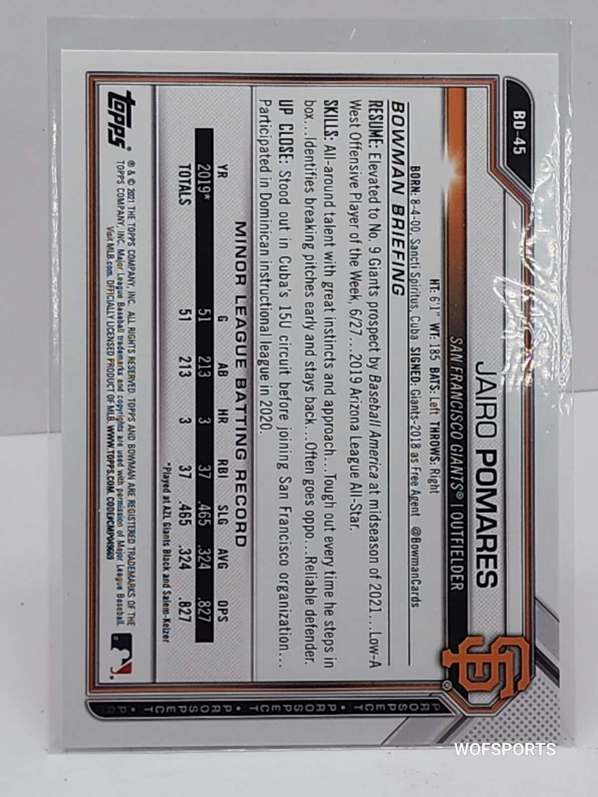 2021 Bowman Draft Purple /250 Jairo Pomares #BD-45 San Francisco Giants