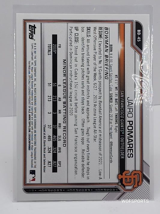 2021 Bowman Draft Purple /250 Jairo Pomares #BD-45 San Francisco Giants