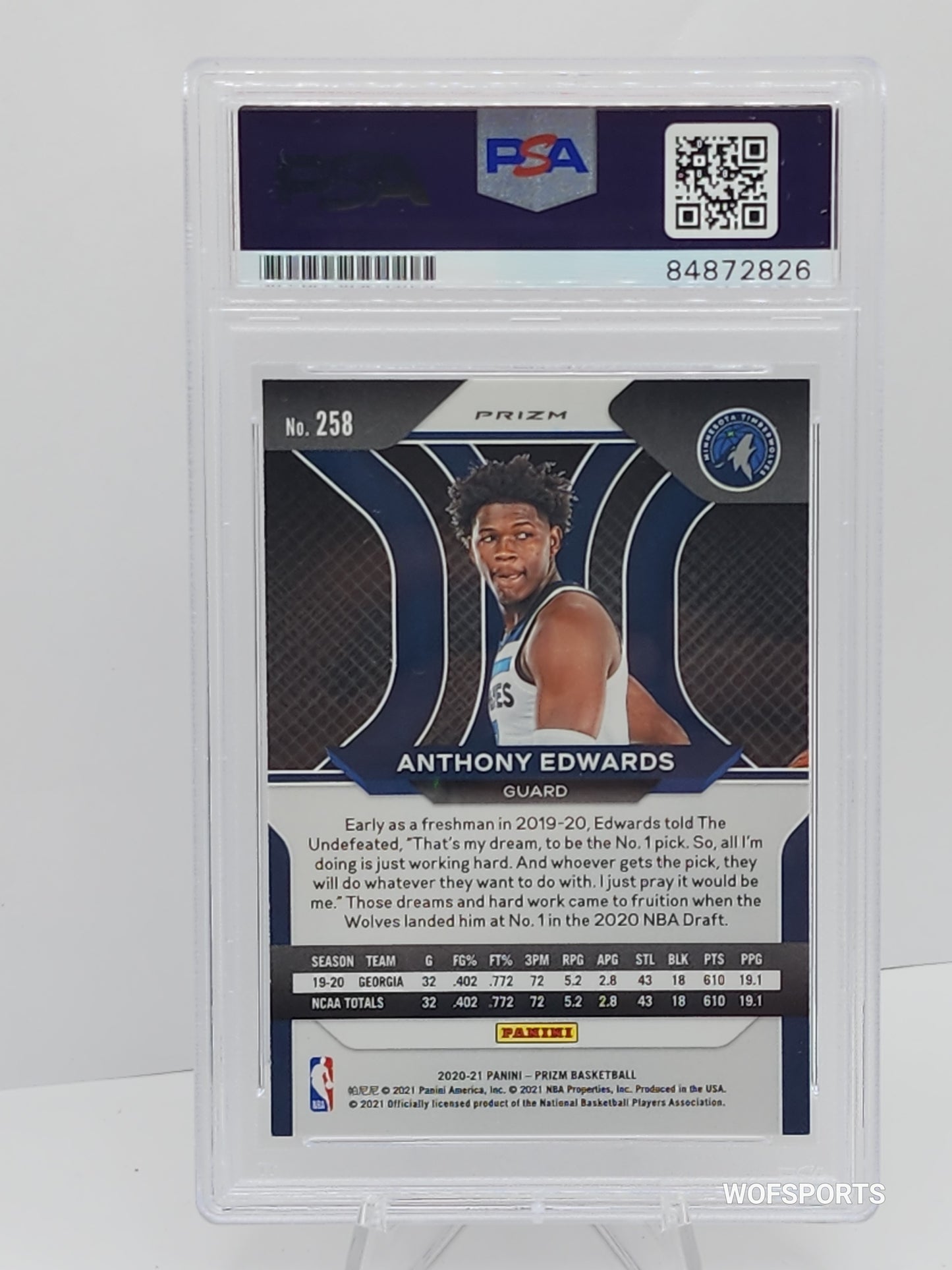 2021-22 Panini Prizm #258 Anthony Edwards Purple Wave Autographs Rookie PSA 10 Gem Mint