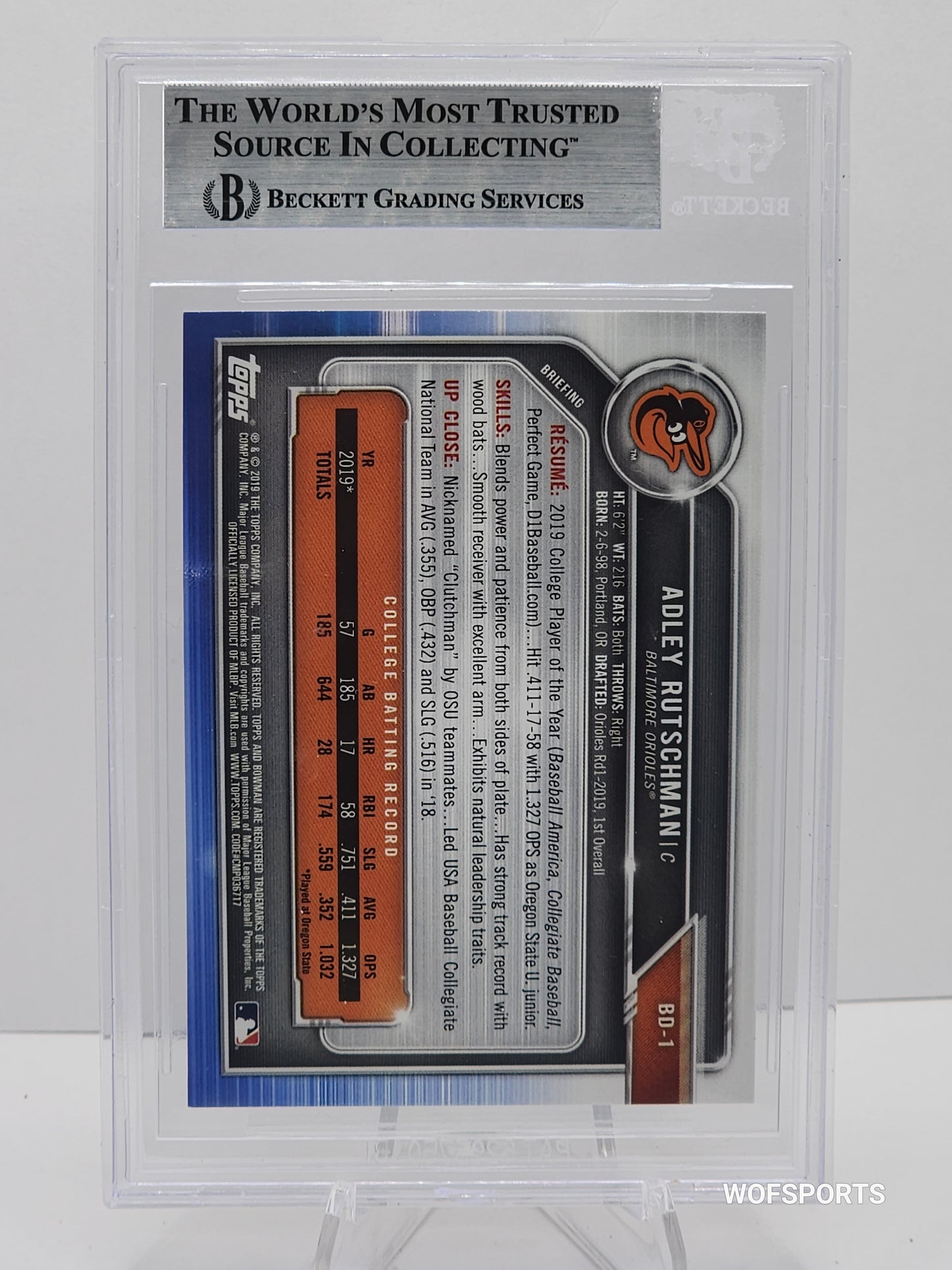 2019 Bowman Draft Adley Rutschman 1st #BD1 Baltimore Orioles BGS 9 Mint