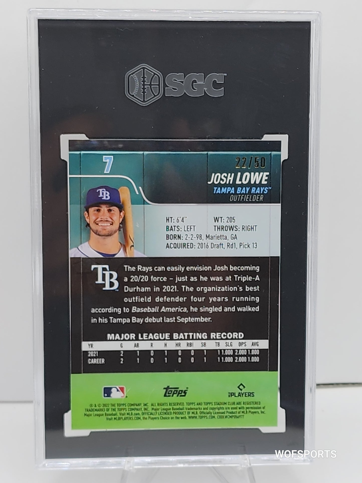 2022 Topps Stadium Club Chrome #7 Josh Lowe RC Gold Refractor 22/50 SGC 9 Mint
