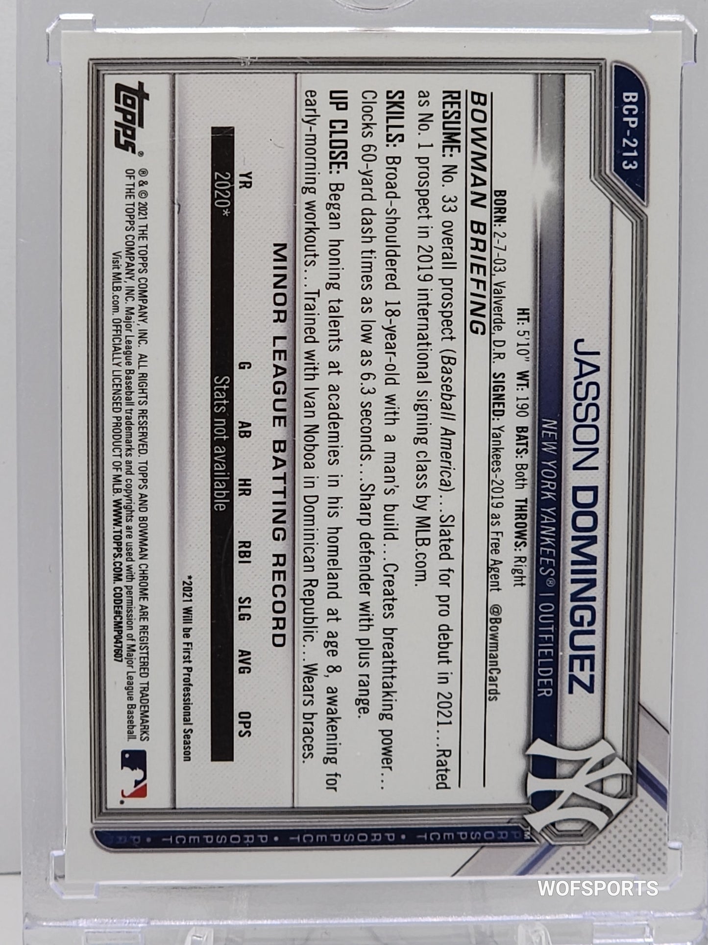 2021 JASSON DOMINGUEZ RC 59/125 BOWMAN CHROME Aqua REFRACTOR #BCP-213 YANKEES