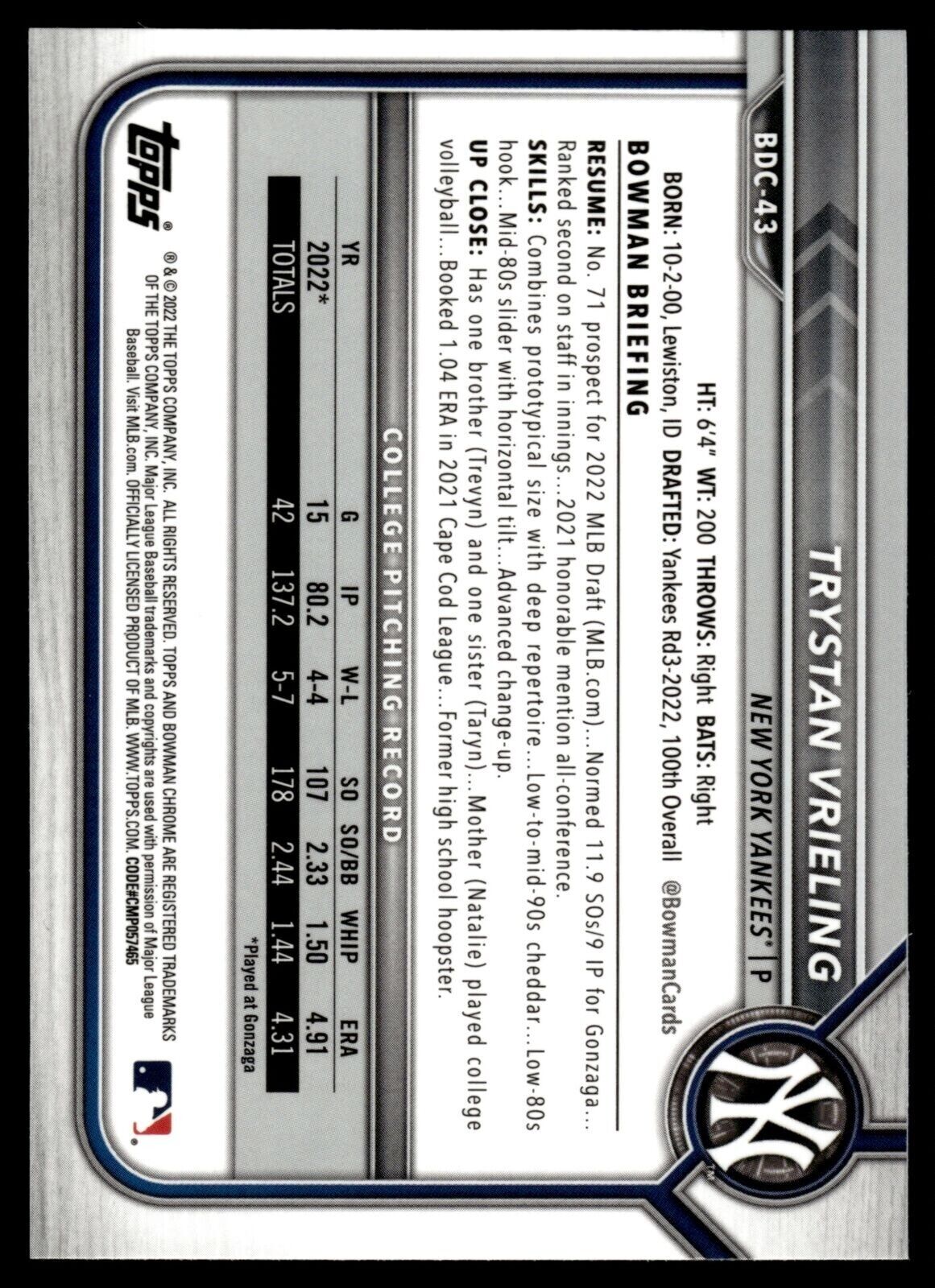2022 Bowman Chrome Sapphire - Trystan Vrieling Card #BDC-43 New York Yankees