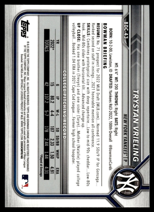 2022 Bowman Chrome Sapphire - Trystan Vrieling Card #BDC-43 New York Yankees