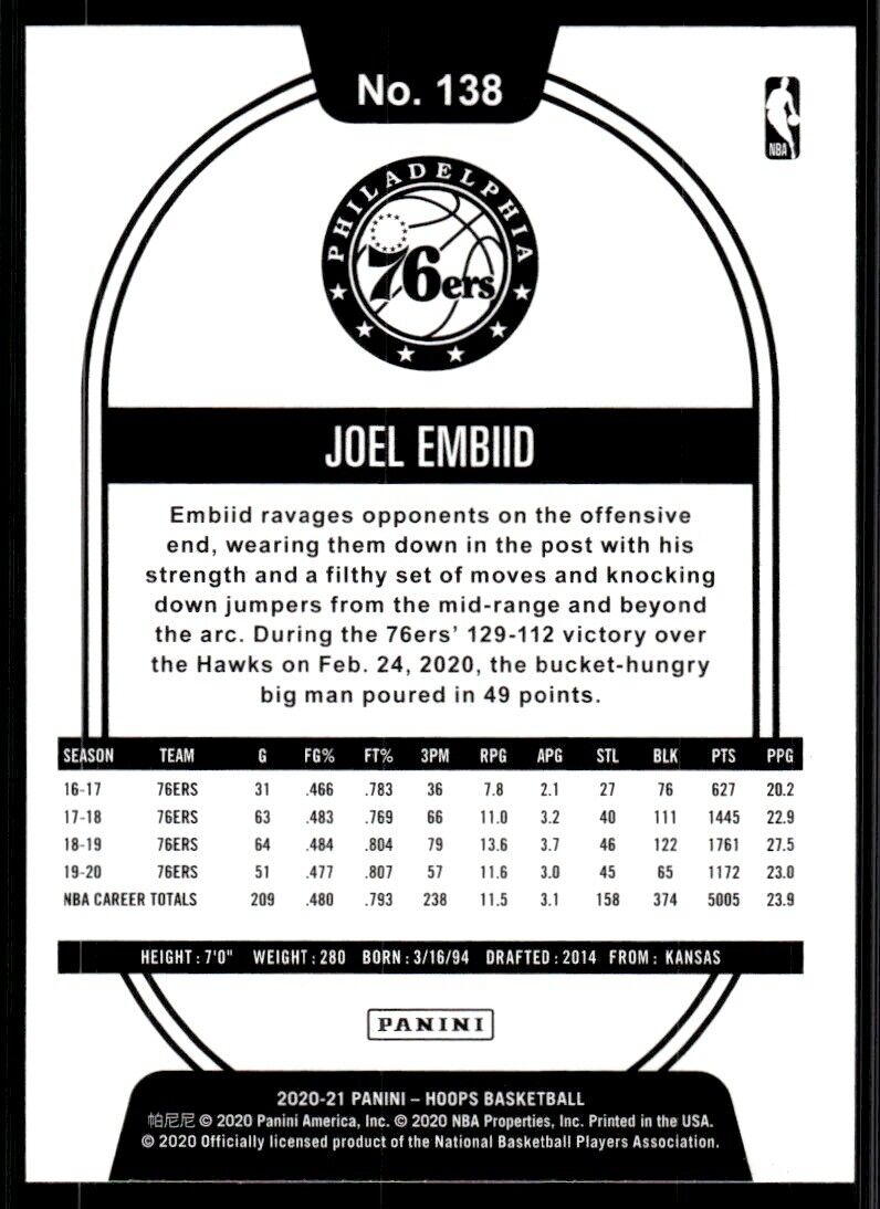 2020-21 Panini Hoops Joe embidd #138 Philadelphia 76ers