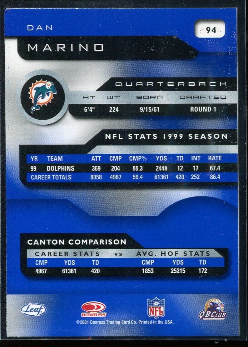 2001 Donrus Dan Marino #94 Miami Dolphins