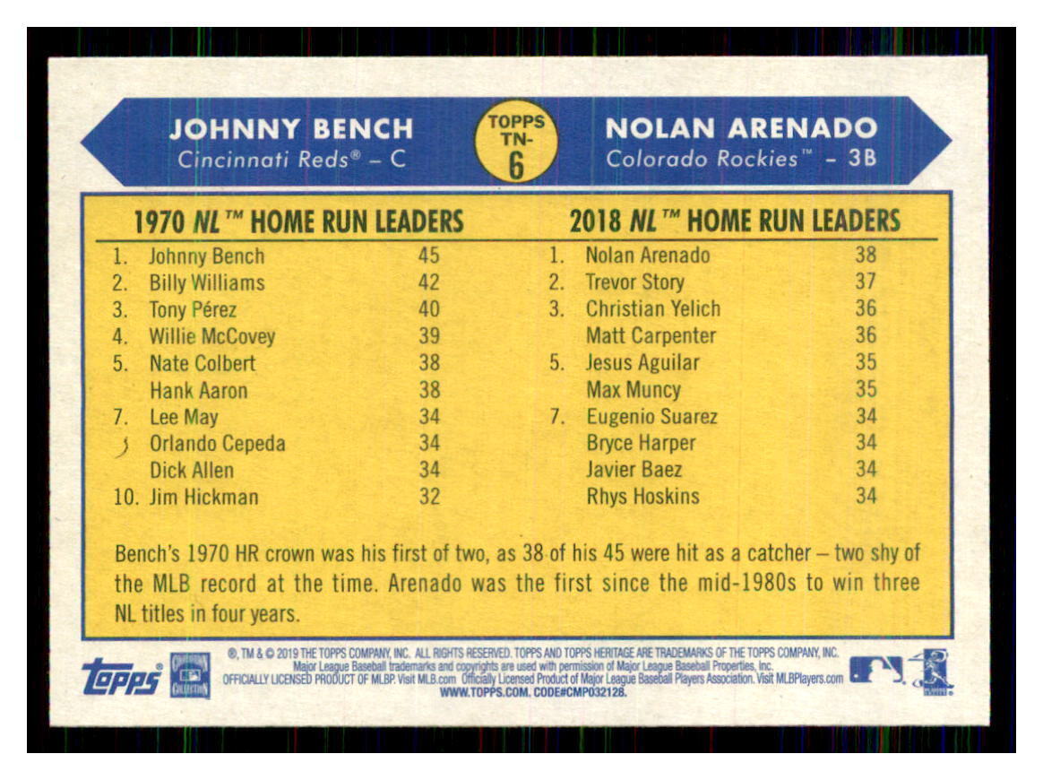2019 Topps Heritage Johnny Bench / Nolan Arenado #TN-6