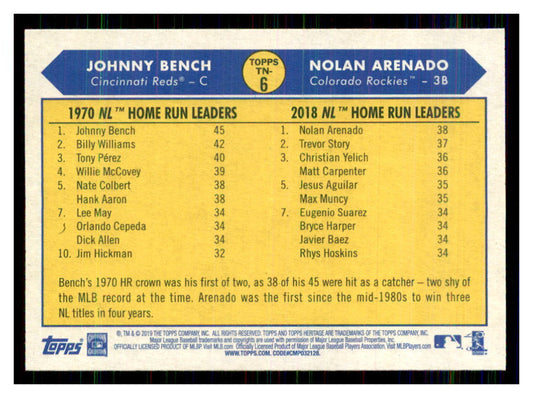 2019 Topps Heritage Johnny Bench / Nolan Arenado #TN-6