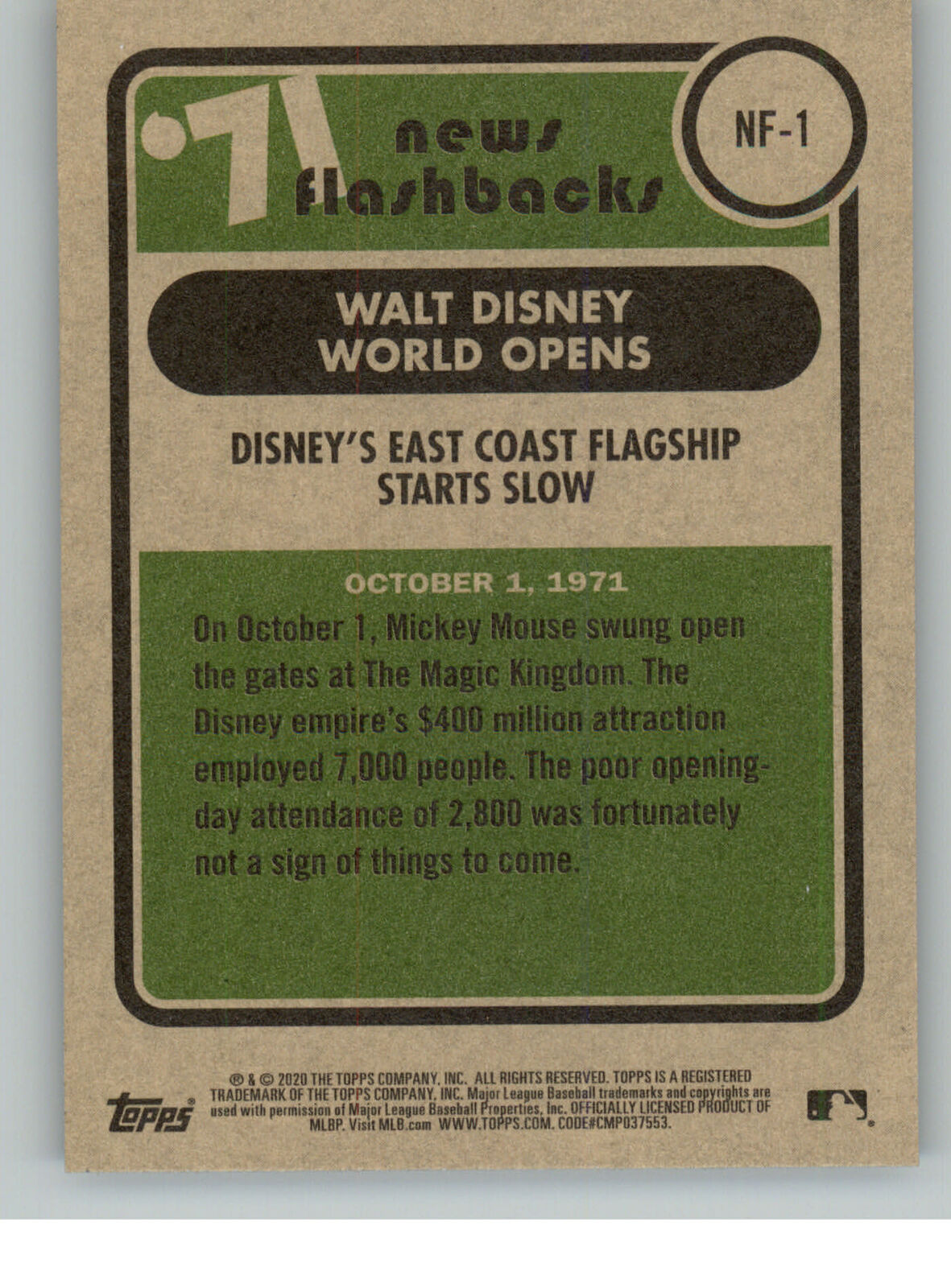 Walt Disney World Opens 2020 Topps Heritage Baseball Flashbacks Baseball Card #NF1