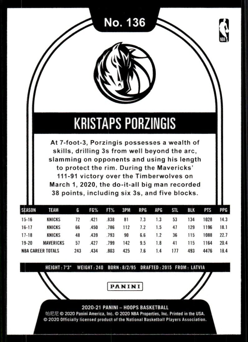 Kristaps Porzingis 2020-21 Panini NBA Hoops E40 #136 Dallas Mavericks
