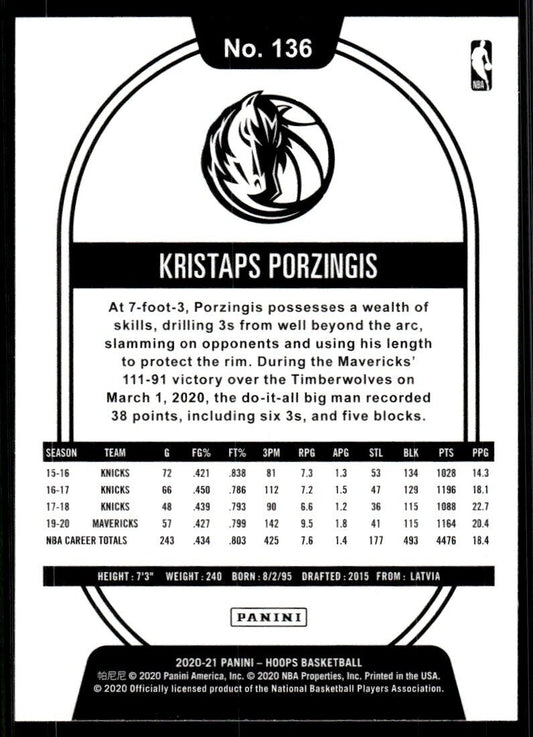 Kristaps Porzingis 2020-21 Panini NBA Hoops E40 #136 Dallas Mavericks