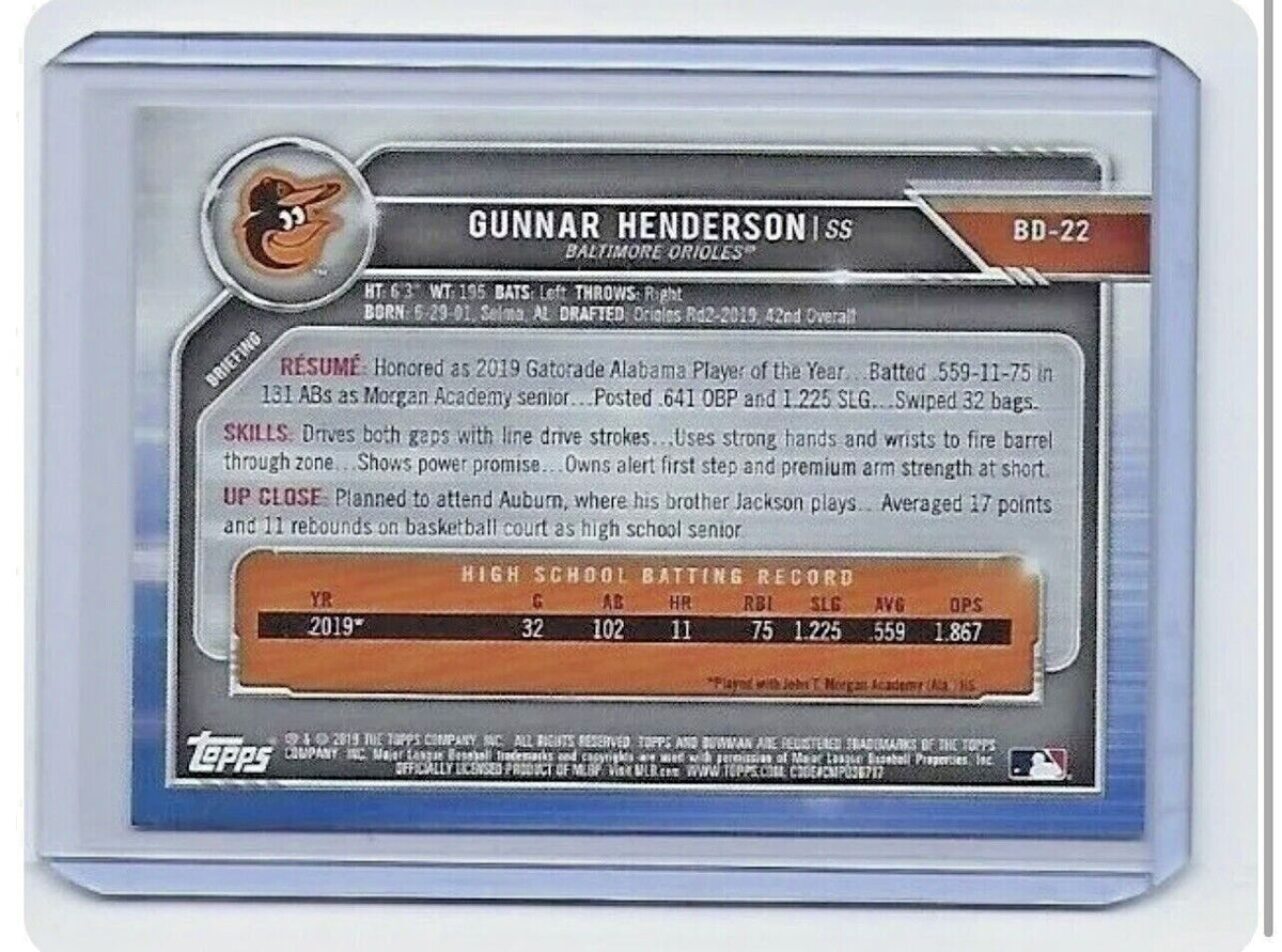 2019 Bowman Gunnar Henderson 1st Bowman #BD-22 Baltimore Orioles