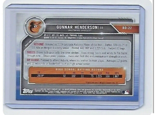 2019 Bowman Gunnar Henderson 1st Bowman #BD-22 Baltimore Orioles