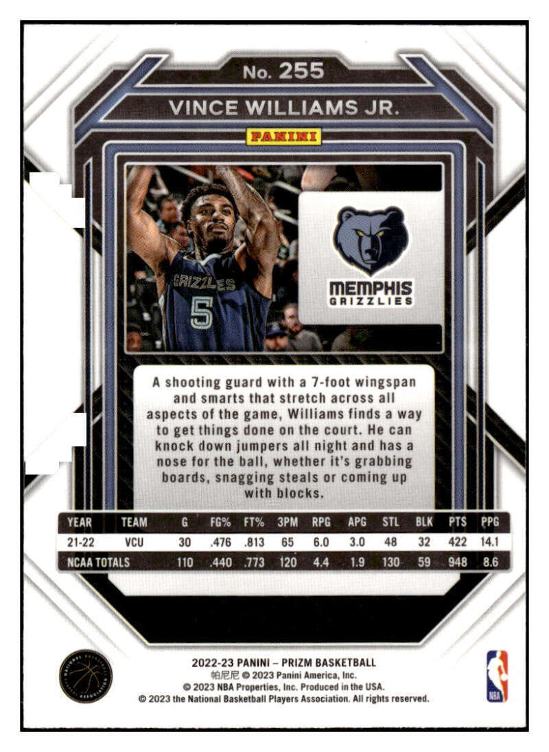 2022-23 Panini Prizm Vince Williams Jr. Rookie Base #255 Memphis Grizzlies - walk-of-famesports